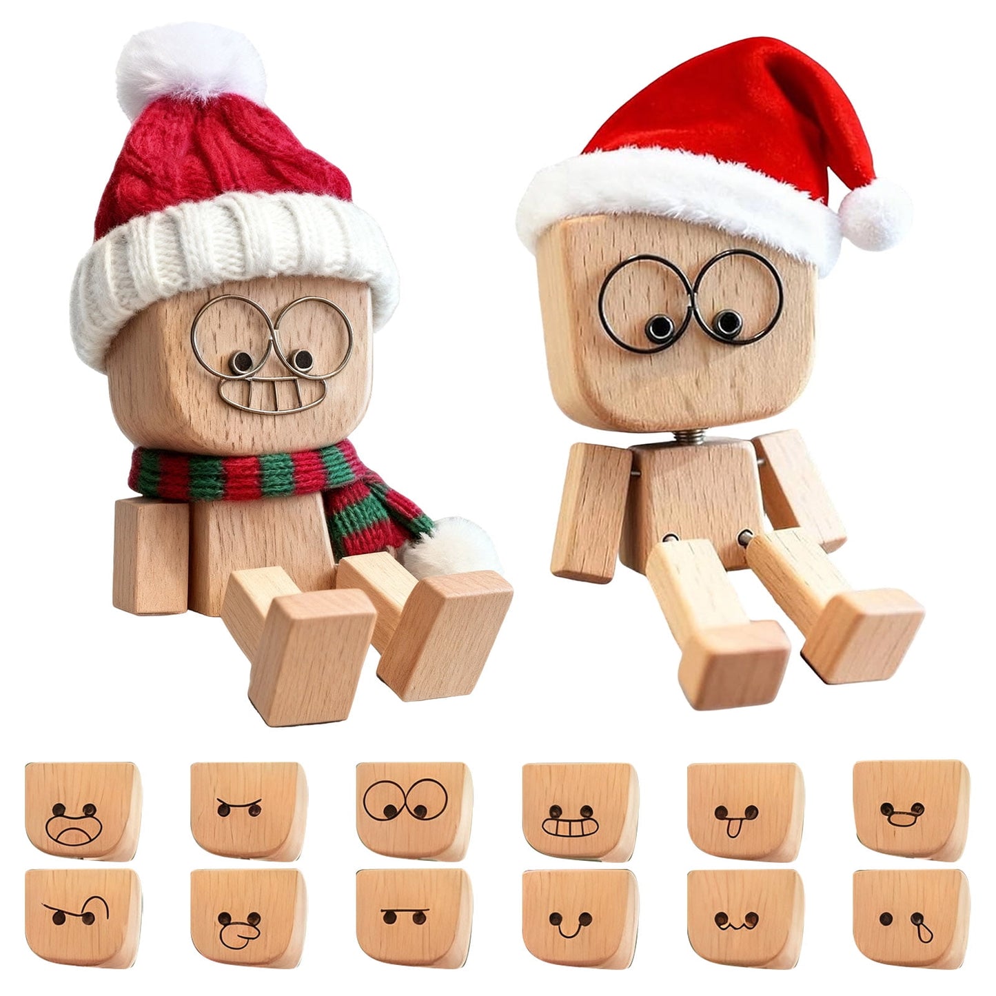 12Pc Magnetic Expressions Shaking Wooden Man Figurine,Little Wooden Figure That Sways,Handmade Shaking Feet Wood Doll Portable Handmade Car Dashboard Ornament Novelty Desktop Decor,Creative Gift