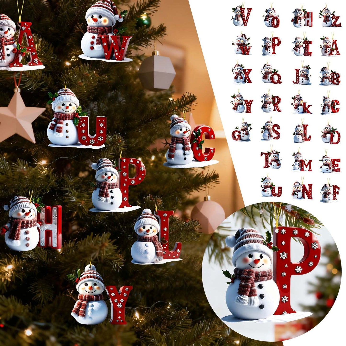 1Pc 26 Letters Snowman Ornaments,Snowman Christmas Ornaments, Christmas Letter Ornaments,Cute Flat Christmas Tree Letter Decoration Personalized Hanging Pendant, Indoor Diy Hanging Xmas Ornament