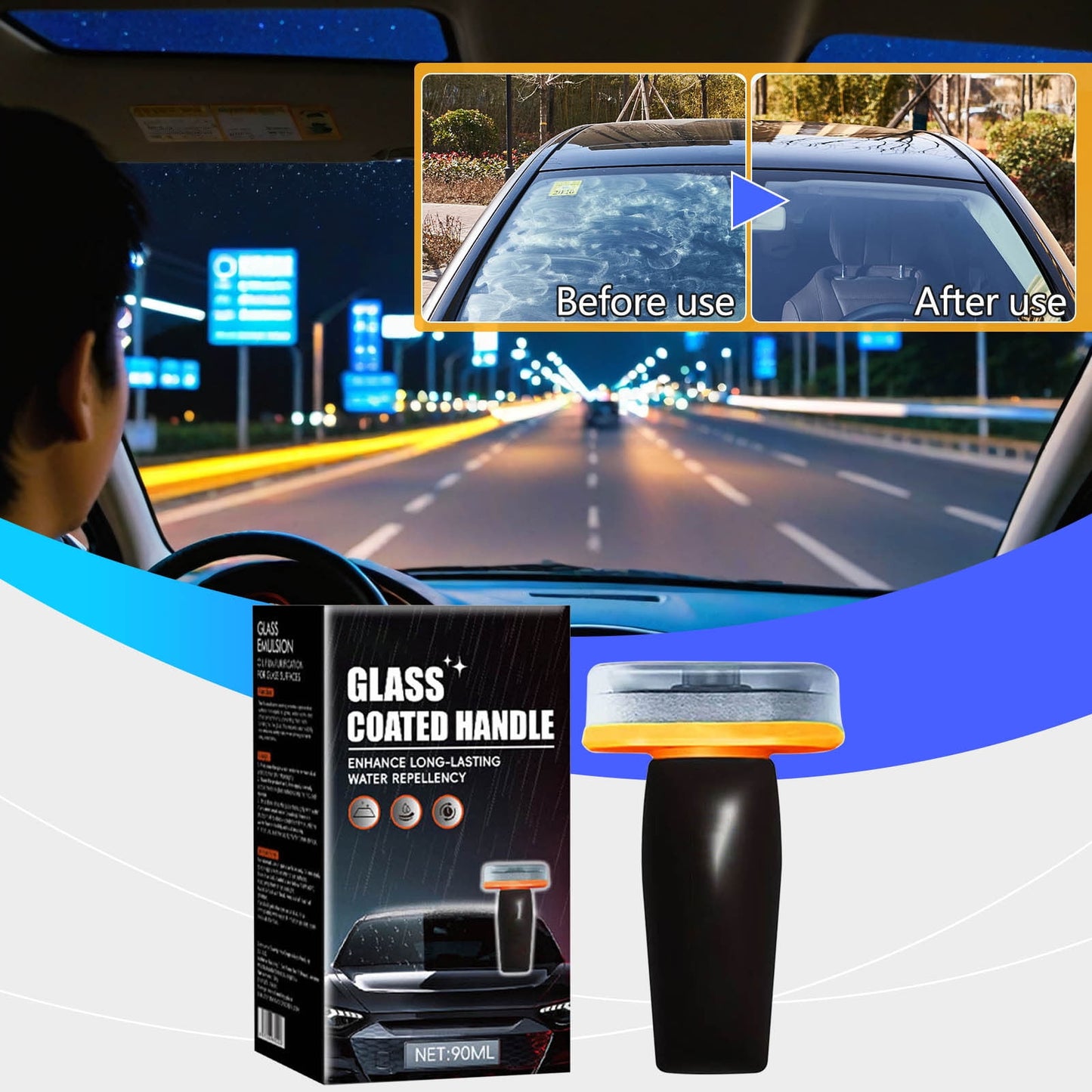1Pc 90Ml Auto Glass Selfs Glass Cleaner,Car Oil Film Cleaner,Glass Guard,Auto Oil Film Cleaning Brush,Lubricating Coating Wand Windshield Side Windows & Mirror,Stain Remover With Hydrophobic Seals