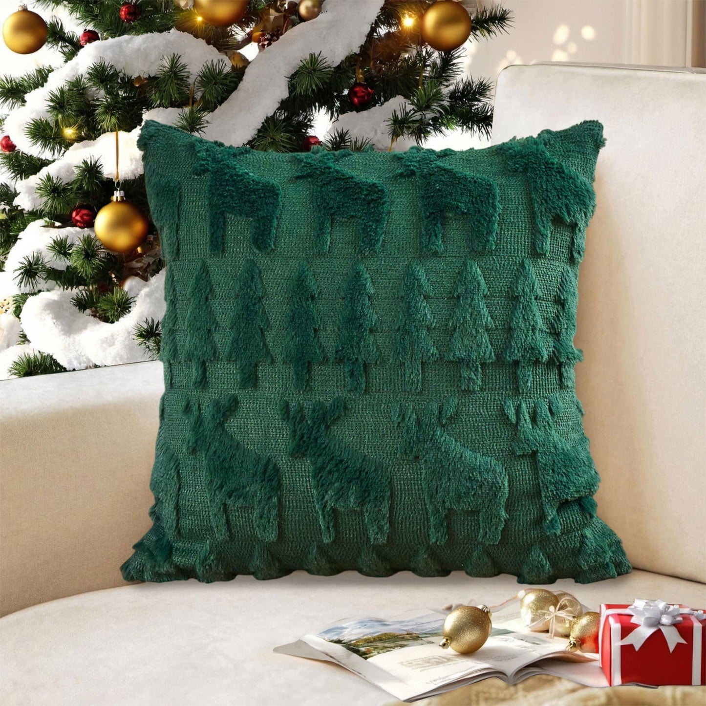 1Pc Christmas Reindeer And Trees Pillow Covers 18X18 Christmas Pillows Cover,Xmas Decorations Soft Fluffy Winter Lumbar Pillow Covers For Couch Sofa Bedroom Holiday Festivals Home Decor