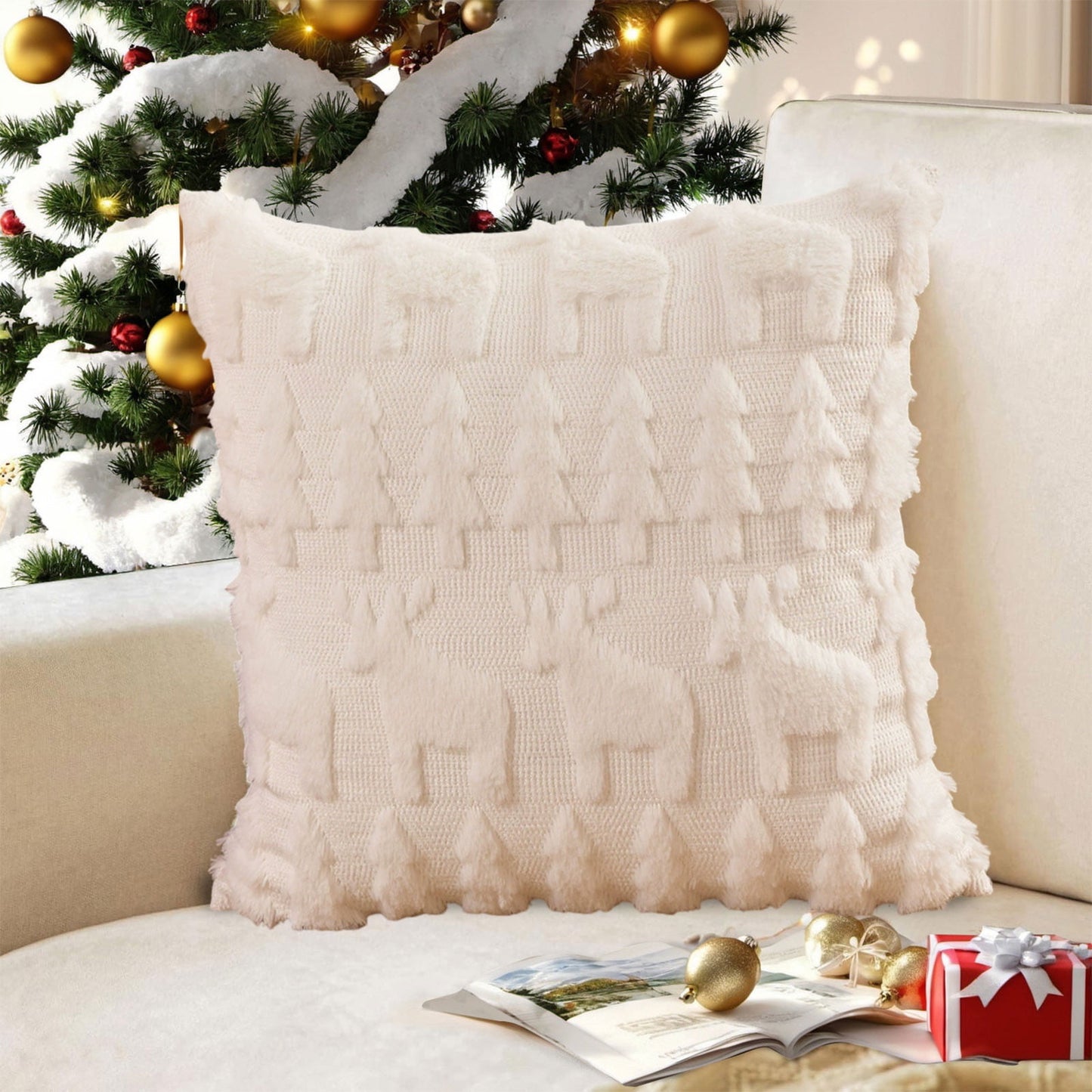 1Pc Christmas Reindeer And Trees Pillow Covers 18X18 Christmas Pillows Cover,Xmas Decorations Soft Fluffy Winter Lumbar Pillow Covers For Couch Sofa Bedroom Holiday Festivals Home Decor
