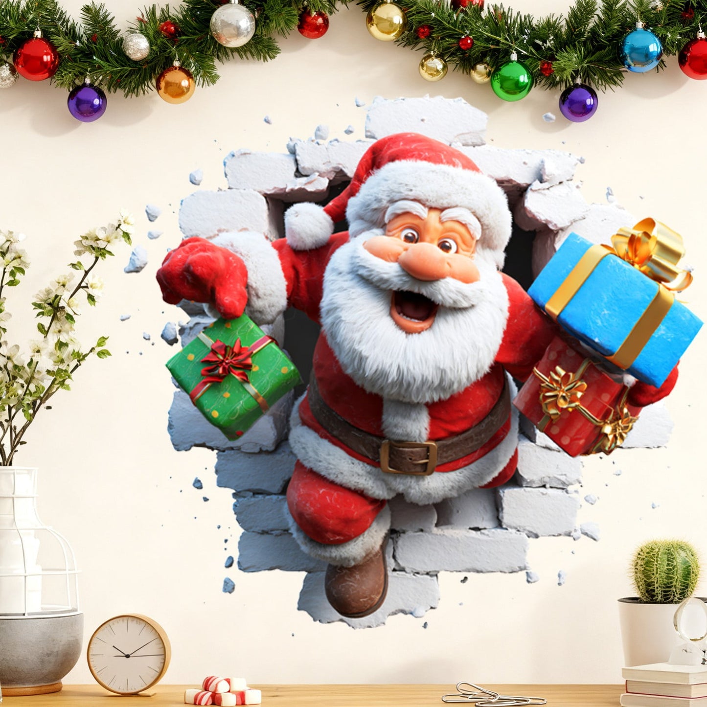 1Pc Creative Christmas Santa Wall Stickers,Christmas Creative Wall Sticker,3D Santa Stickers,Santa Wall Stickers,Santa Claus/ Reindeer/Snowman 3D Visual Effect Wallpaper Christmas Decorations