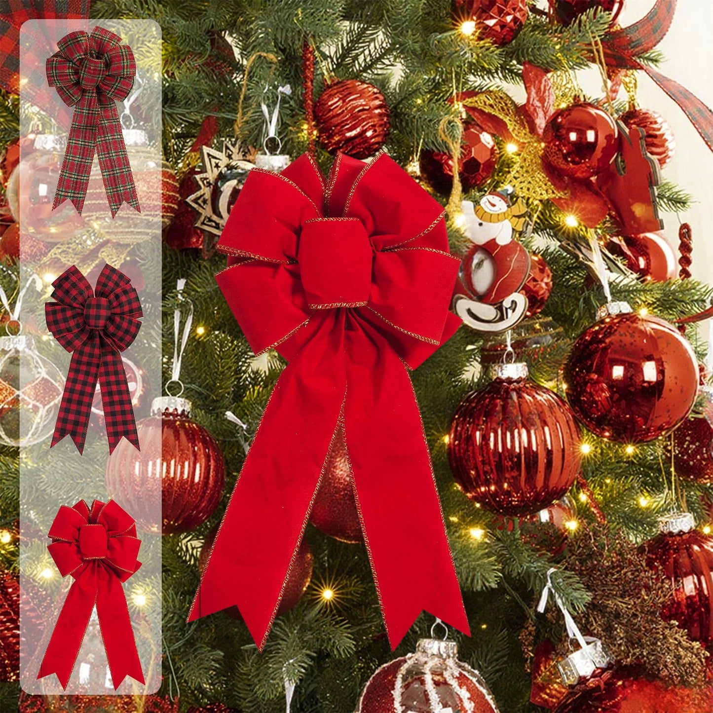 1Pc Velvet Bows For Christmas Tree Bows Topper,Plaid Bow,Plaid Christmas Bows,Red Christmas Bows Large Velvet Bow For Wreaths, Tree, Outside Decorating, Outdoor