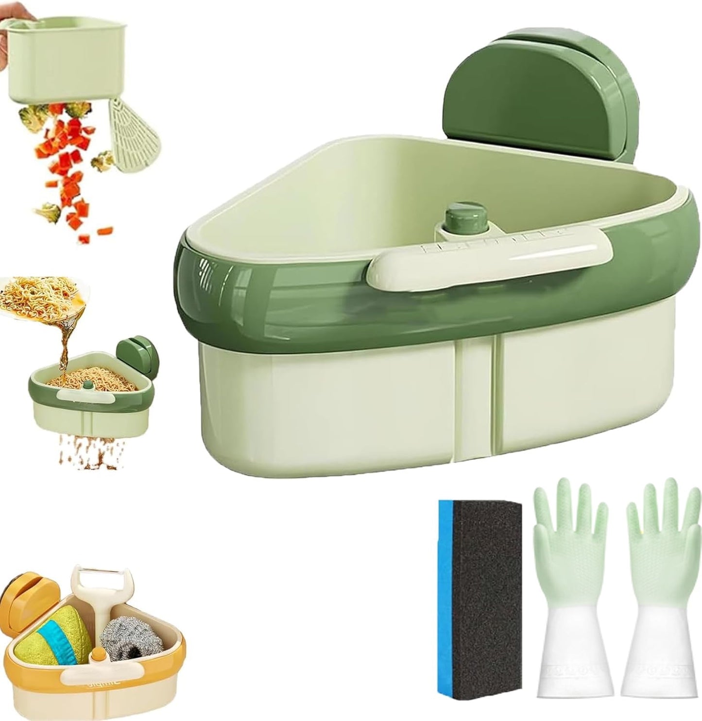 Suction Cup Sink Corner Rack, Sink Caddy Sponge Holder for Kitchen Sink Dish Cloth Hanger Sink Trash Catcher, Plastic Triangular Baskets Corner Hanging, Rust Resistant, for Kitchen Food Waste,
