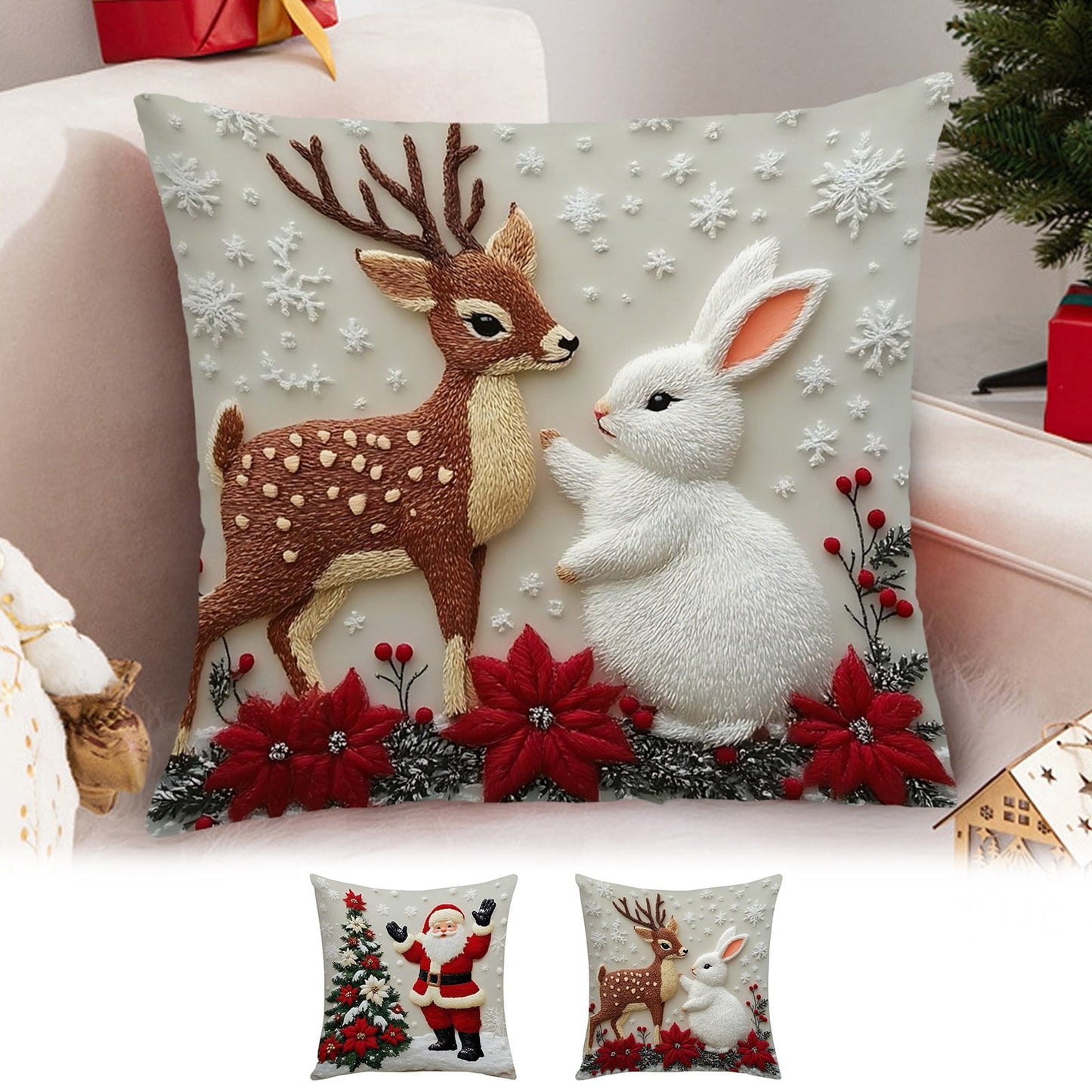 2Pc Christmas Decorations Christmas Pillow Covers 18 X 18 In,Christmas Throw Pillow Covers,Elk And Rabbit Decorated Sofa Linen,Xmas Series Cushion Pillow Cover Custom Zippered Square Pillowcase