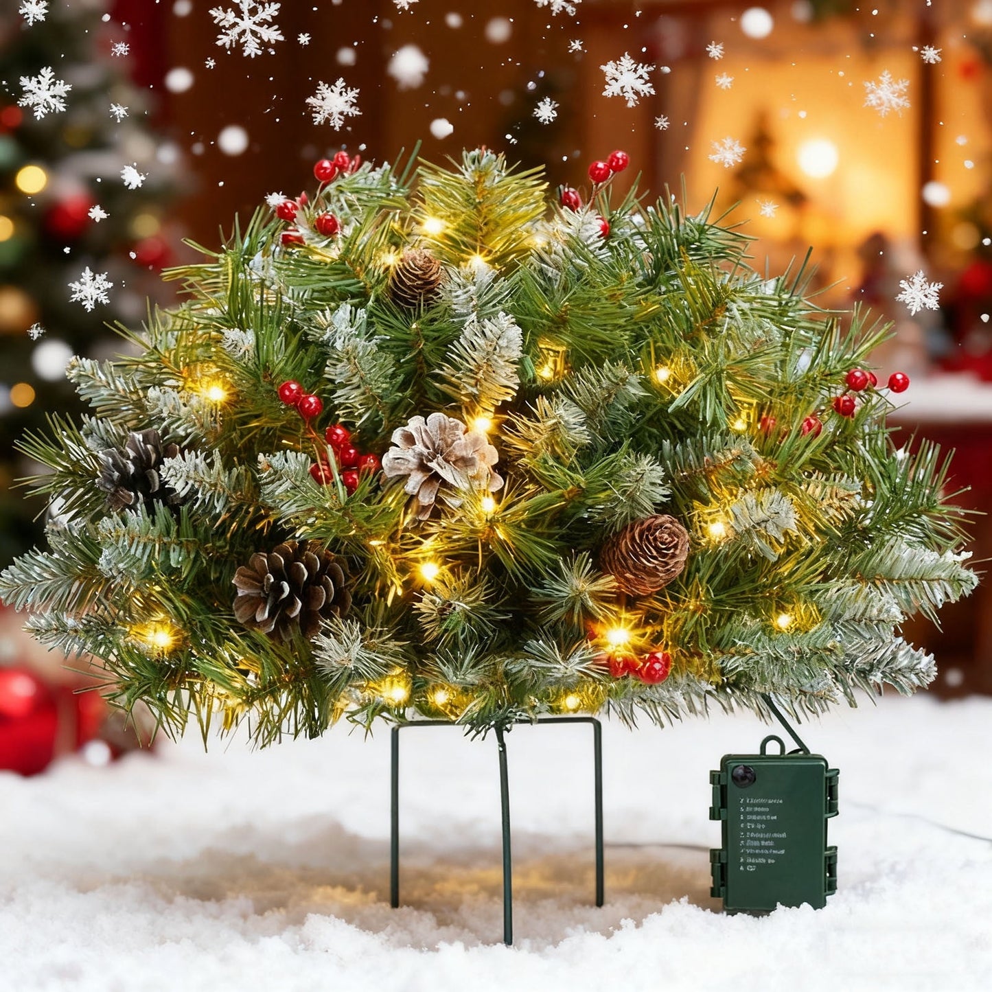 2Pc Pre Lit Holiday Planters Bushes Christmas, Pre Lit Planter Bushes Christmas, Holiday Christmas Planter Filler Outdoor,Lighted Artificial Xmas Pine Trees With Tripod Stake