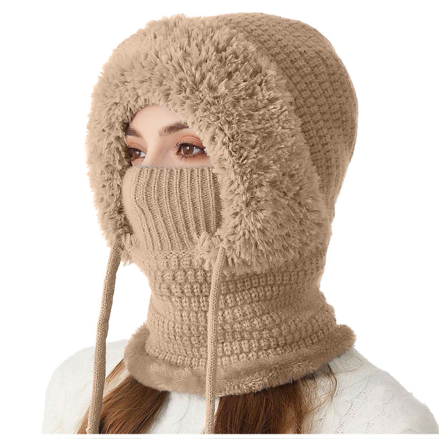 3 In 1 Beanie Hat With Scarf And Mask,3 In 1 Winter Hat For Women,Windproof Fleece Thickened Keep Warm Hats,Women Skull Beanie Hat Neck Circle Scarf Ski Snow Winter Knit Fleece Cap Cold Weather