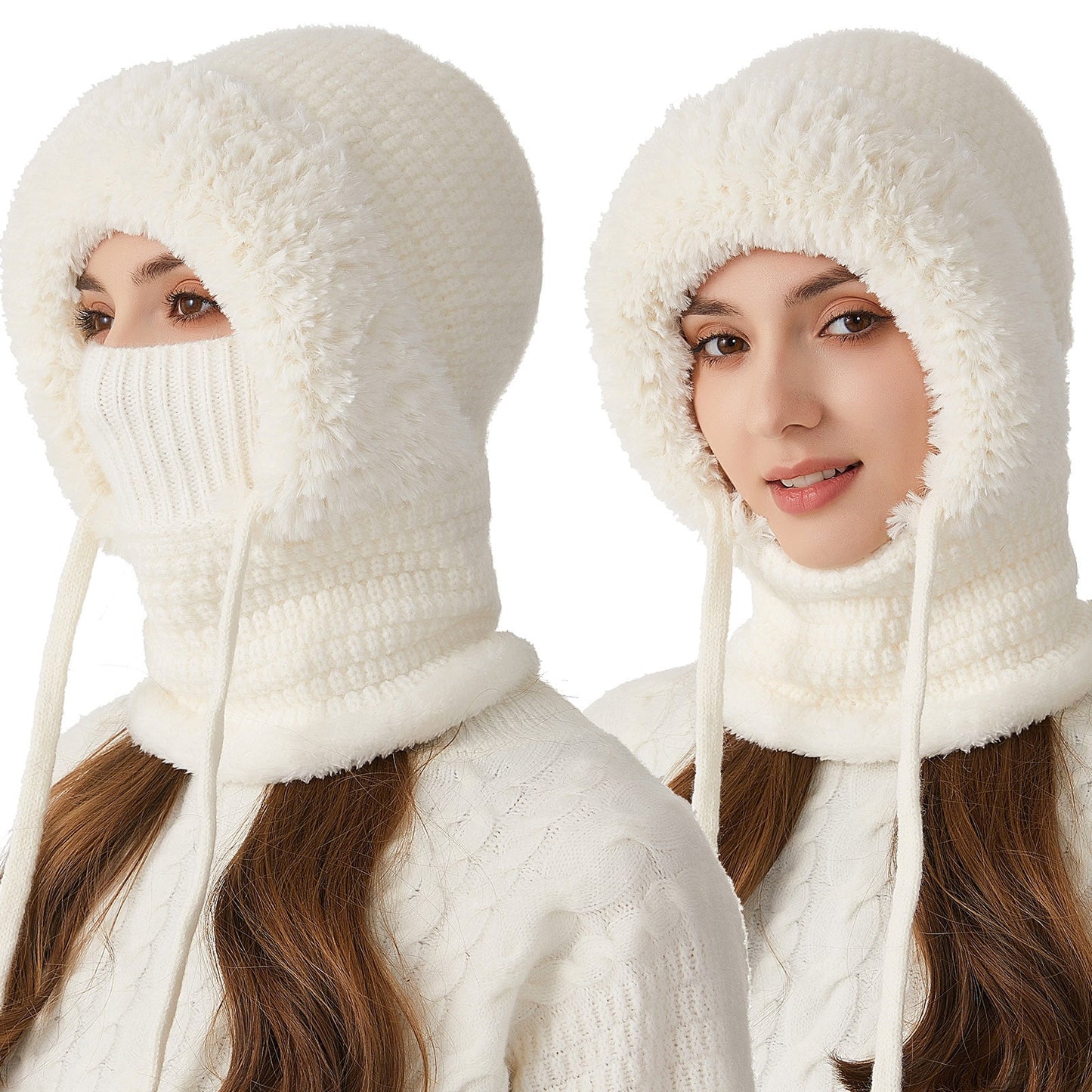 3 In 1 Beanie Hats For Women,Beanie For Womens Winter, 3 In 1 Knitting Hat With Scarf And Mask,Cold Knitted Hats Wind Resistant Hooded Scarf, Thick Plush-Lined,Fleece Lined Windproof Warmth For Women