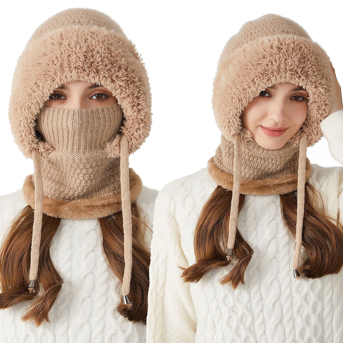 3 In 1 Beanie Hats For Women,Beanie For Womens Winter, 3 In 1 Knitting Hat With Scarf And Mask,Cold Knitted Hats Wind Resistant Hooded Scarf, Thick Plush-Lined,Fleece Lined Windproof Warmth For Women