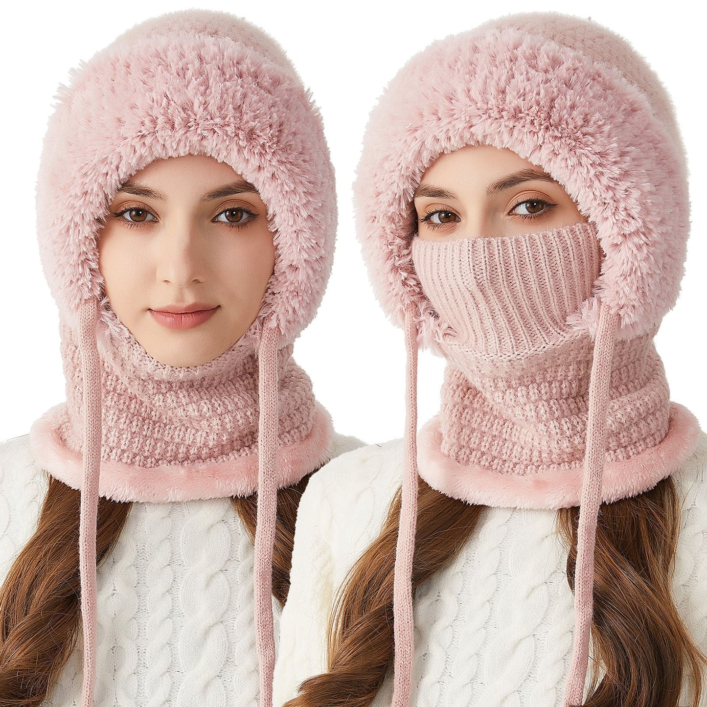 3 In 1 Beanie Hats For Women,Beanie For Womens Winter, 3 In 1 Knitting Hat With Scarf And Mask,Cold Knitted Hats Wind Resistant Hooded Scarf, Thick Plush-Lined,Fleece Lined Windproof Warmth For Women
