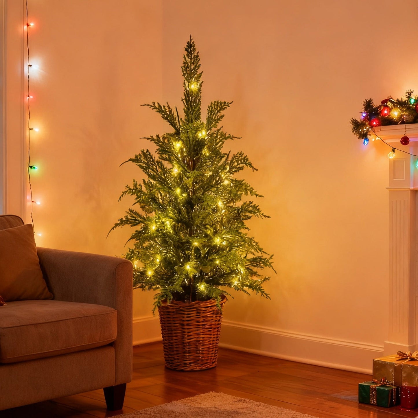 35In Pre-Lit Green Artificial Christmas Tree With Remote,90Cm Encrypted Flame Retardant Christmas Tree Christmas Decoration,Battery Operated Led Lights In Woven Basket, Flame Retardant Tabletop Decor