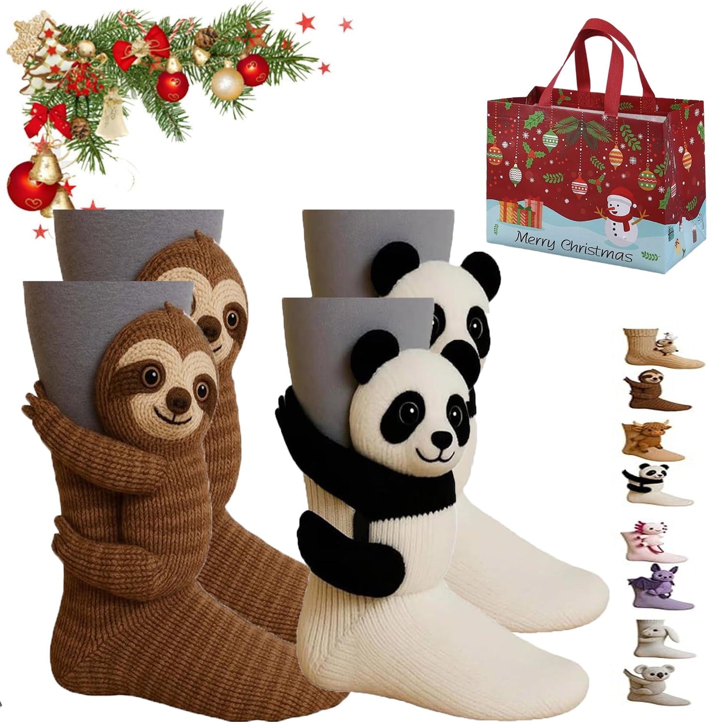 3D Knit Animal Sloth Socks,2 Pair Animal Socks for Women,Warm and Soft Long Stocking Stuffers Socks, Fun & Adorable Christmas Gift, Cozy Fall & Winter with Gift Bags