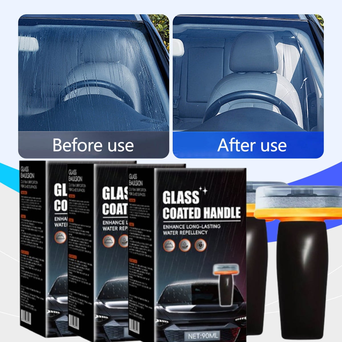 3Pc 90Ml Auto Glass Selfs Glass Cleaner,Car Oil Film Cleaner,Glass Guard,Auto Oil Film Cleaning Brush,Lubricating Coating Wand Windshield Side Windows & Mirror,Stain Remover With Hydrophobic Seals