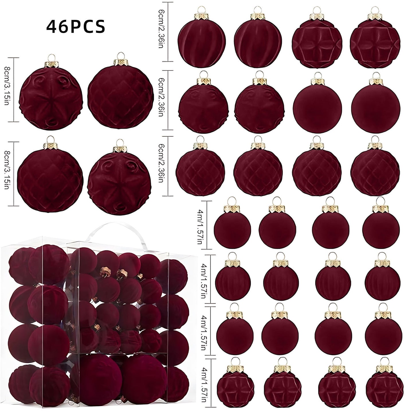 46 Pc Velvet Christmas Balls,Velvet Christmas Ornaments For Christmas Tree Pendant,Christmas Decor, Christma Tree Flocked Ornaments Balls For Family Holiday Wedding Party Xmas Hanging Decoration