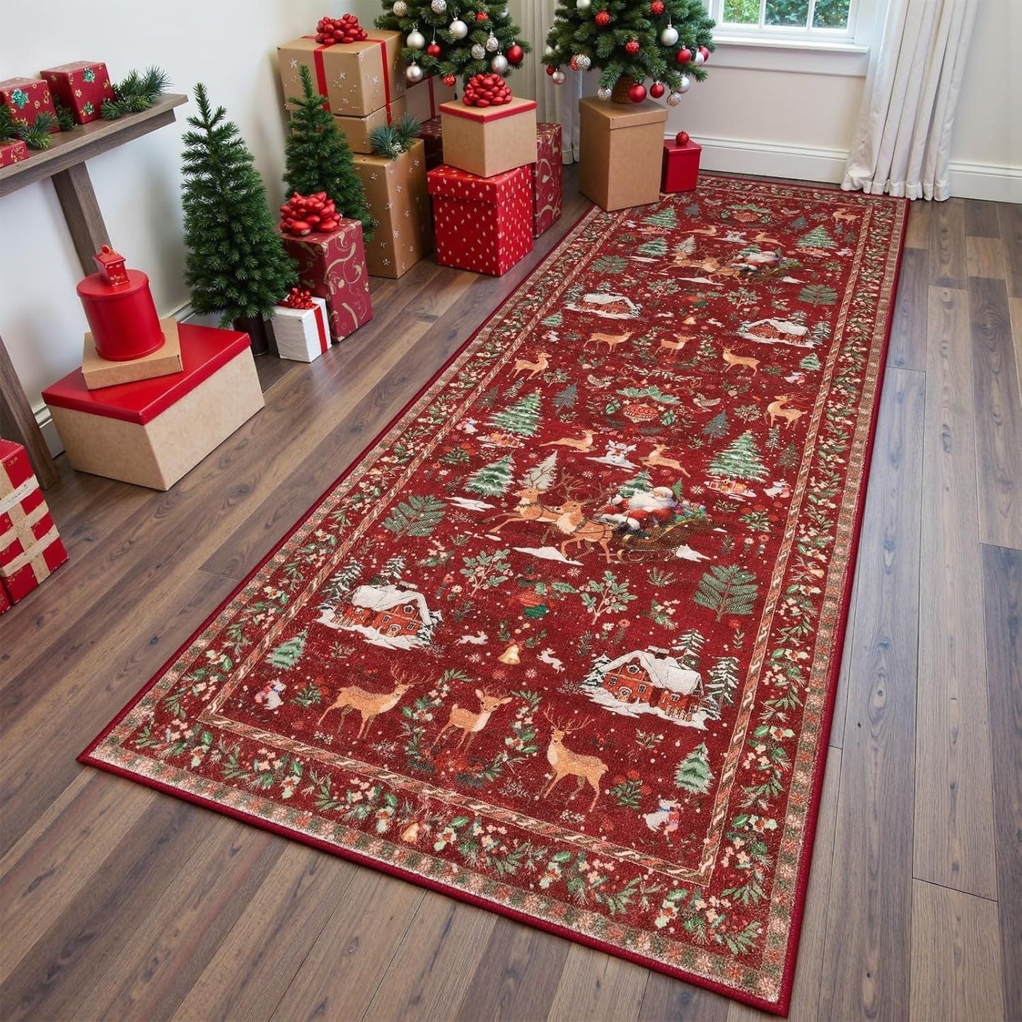 50*160Cm Christmas Kitchen Decor,Christmas Runner Rug For Hallway,Christmas Kitchen Runner,Washable Non Slip Carpet,Christmas Print Reindeer Tree Non Shedding Rug For Floor Laundry Room Holiday Decor