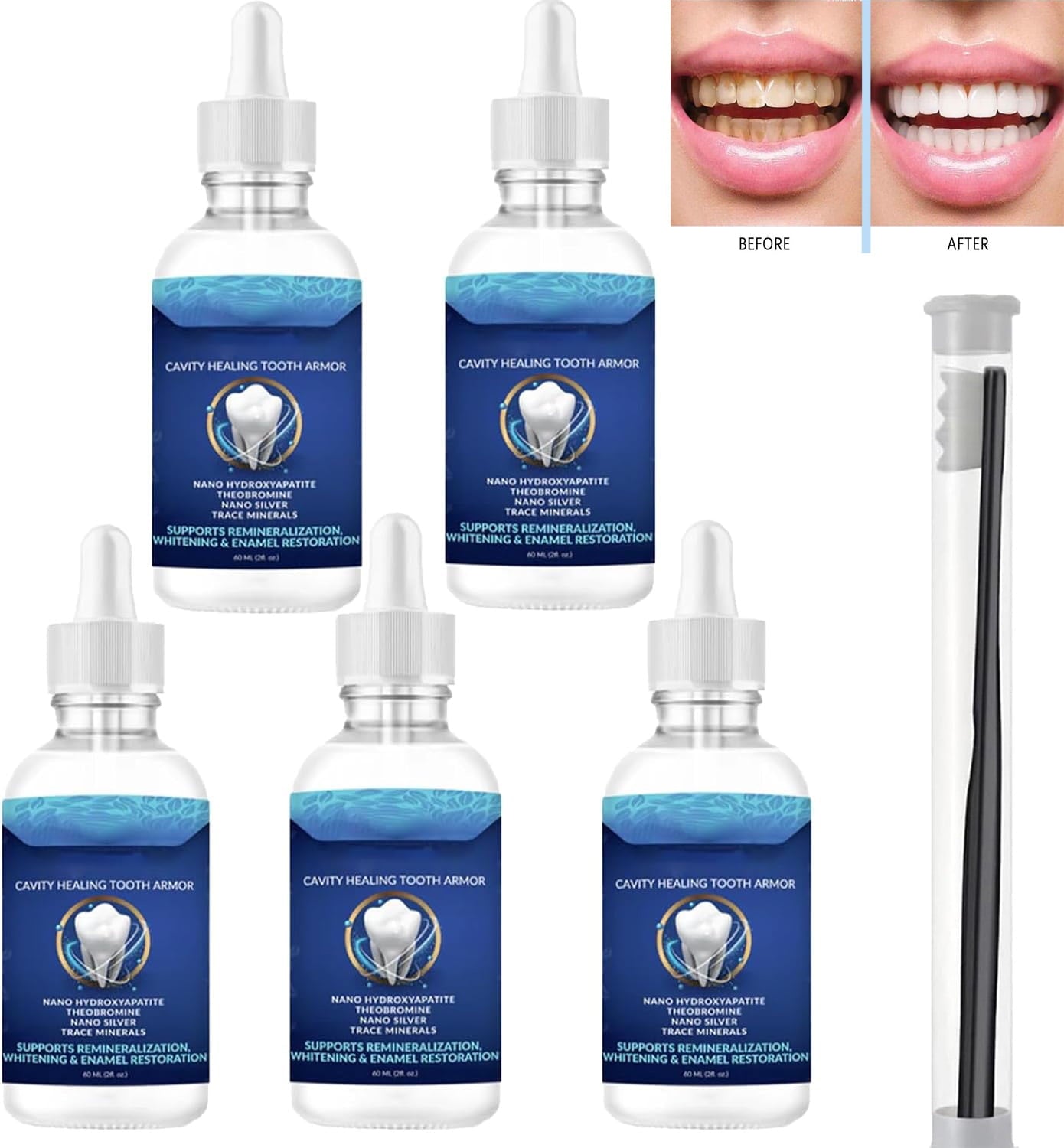 5PCS Dentite Cavity Healing Tooth Armor with Toothbrush,Dentite Cavity Healing Tooth Armor Liquid Helps Keep Gum Healthy,Whitening & Enamel Restoration,60ML+Toothbrush