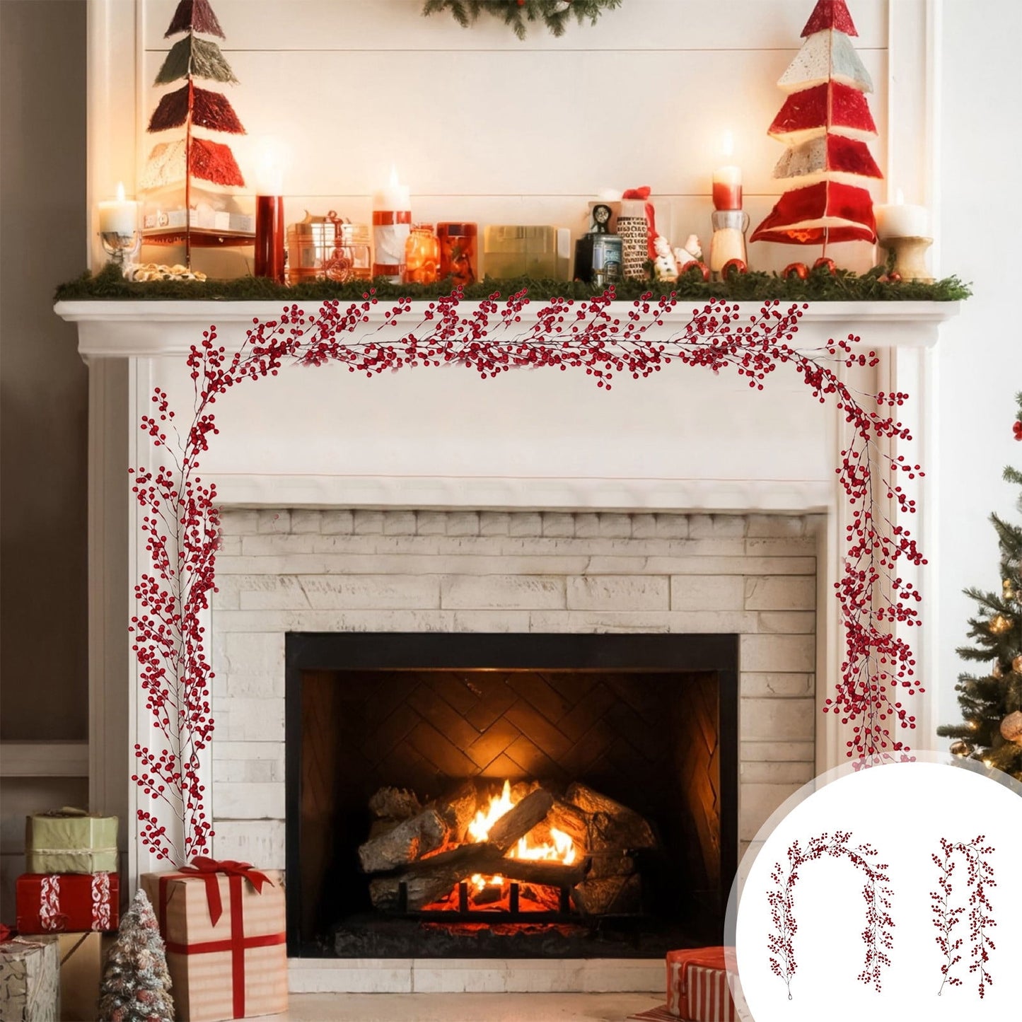 76.7 In Artificial Berry Garland,Artificial Christmas Red Fruit Rattan Vine With Leaves For Christmas Holiday Home Wall Mantle Decoration,Christmas Decoration Home Decor