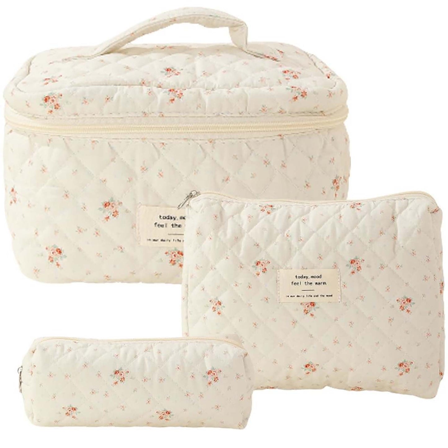 Banzch 3 Pcs Cotton Quilted Makeup Bag Set Floral Cotton Cosmetic Bag Toiletry Travel Organizer Bag For Women Girls,Mothers Day Gifts
