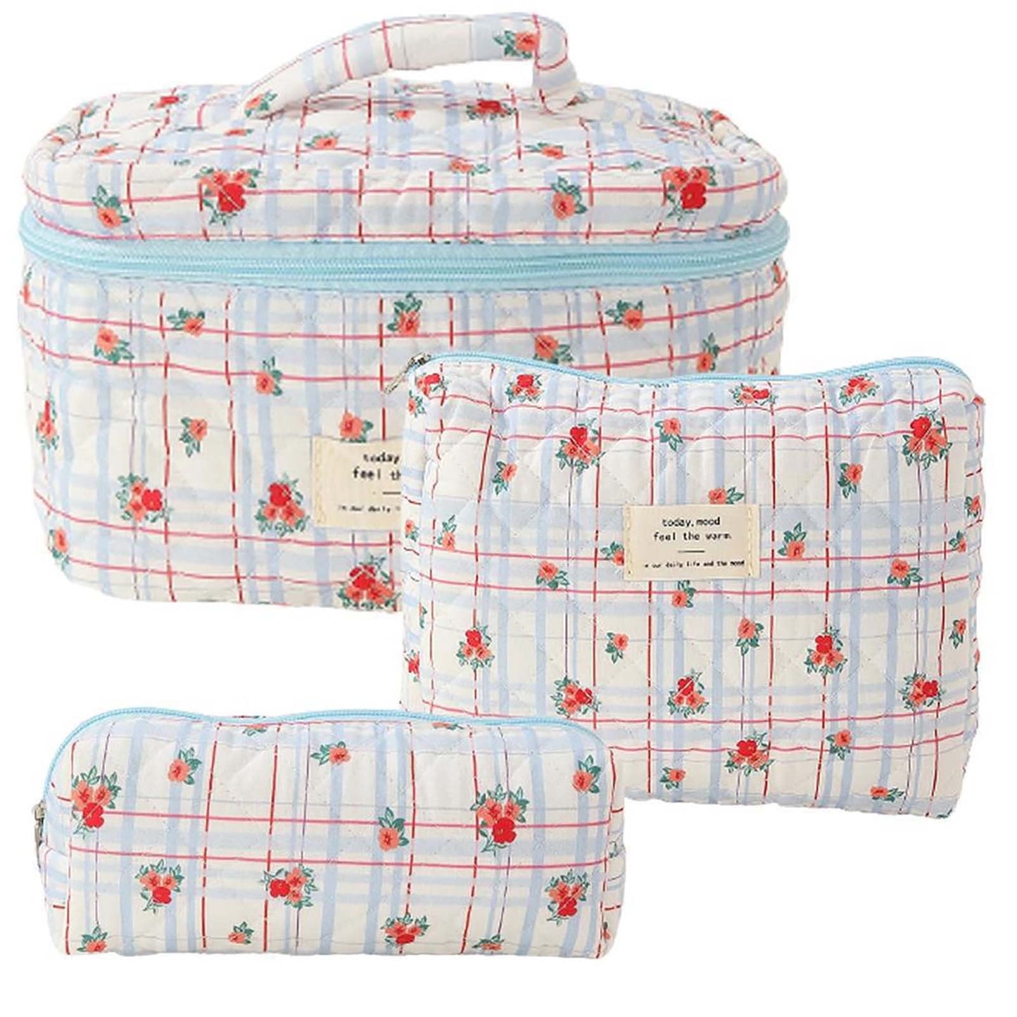 Banzch 3 Pcs Cotton Quilted Makeup Bag Set Floral Cotton Cosmetic Bag Toiletry Travel Organizer Bag For Women Girls,Mothers Day Gifts