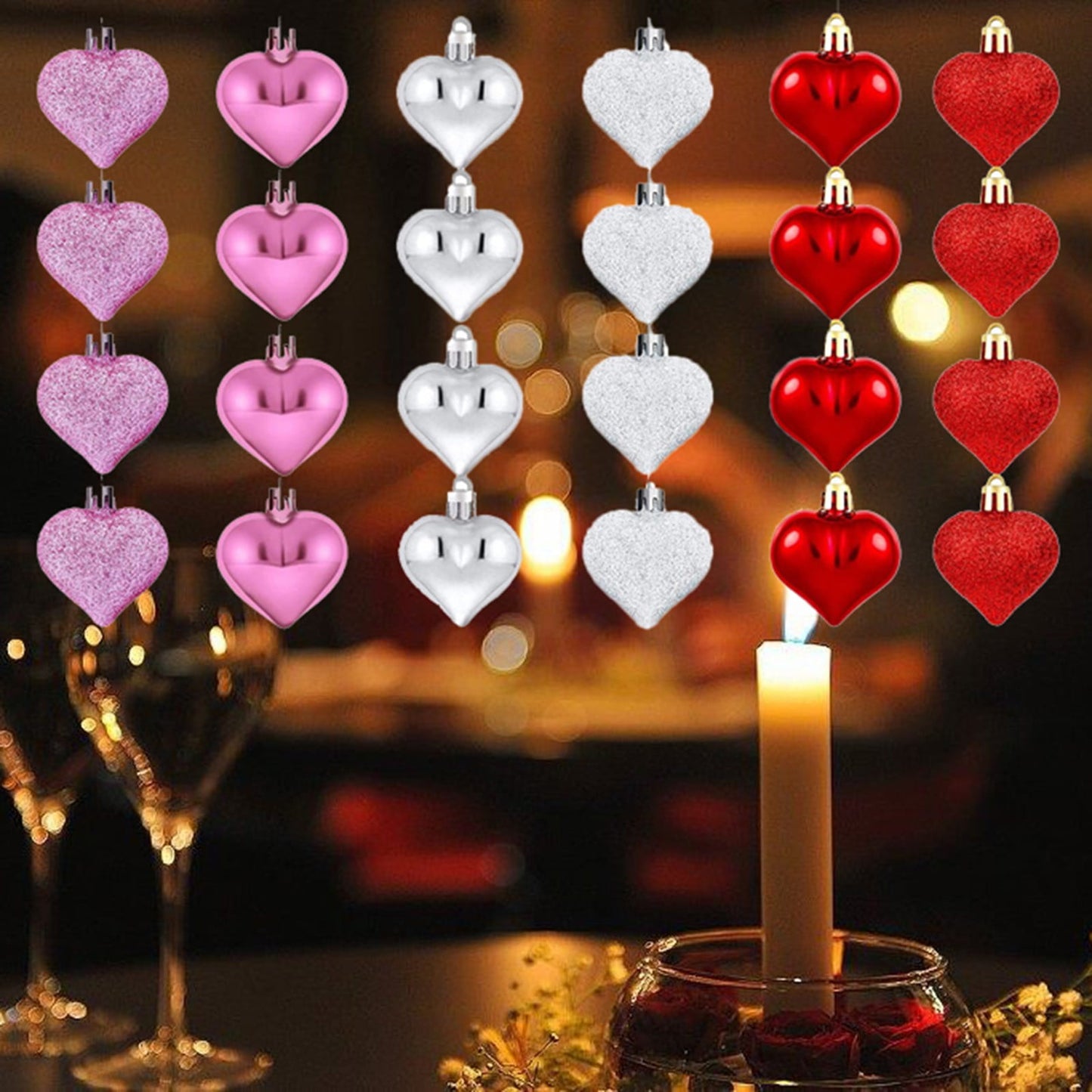 CELNNCOE 24Pcs Valentines Day Heart Shaped Ornaments | Valentines Heart Decorations,Red Pink Silver Glitter Heart Shaped Baubles | Romantic Valentine's Day Mini Tree Hanging Decorations
