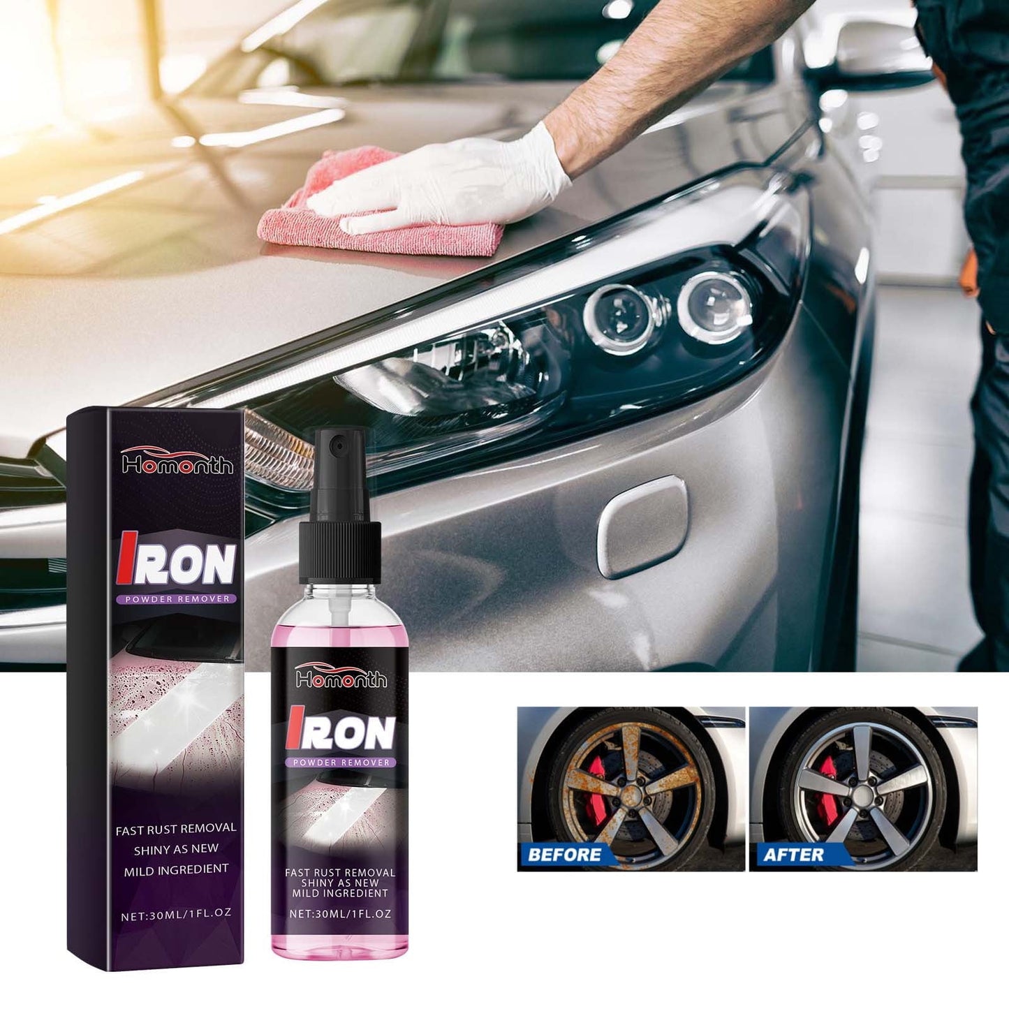 CELNNCOE Iron Powder Remover Metal Rust Remover Rust Remover For Car Car Rust Removal Spray 30ml,Car Accessories,black,Free Size