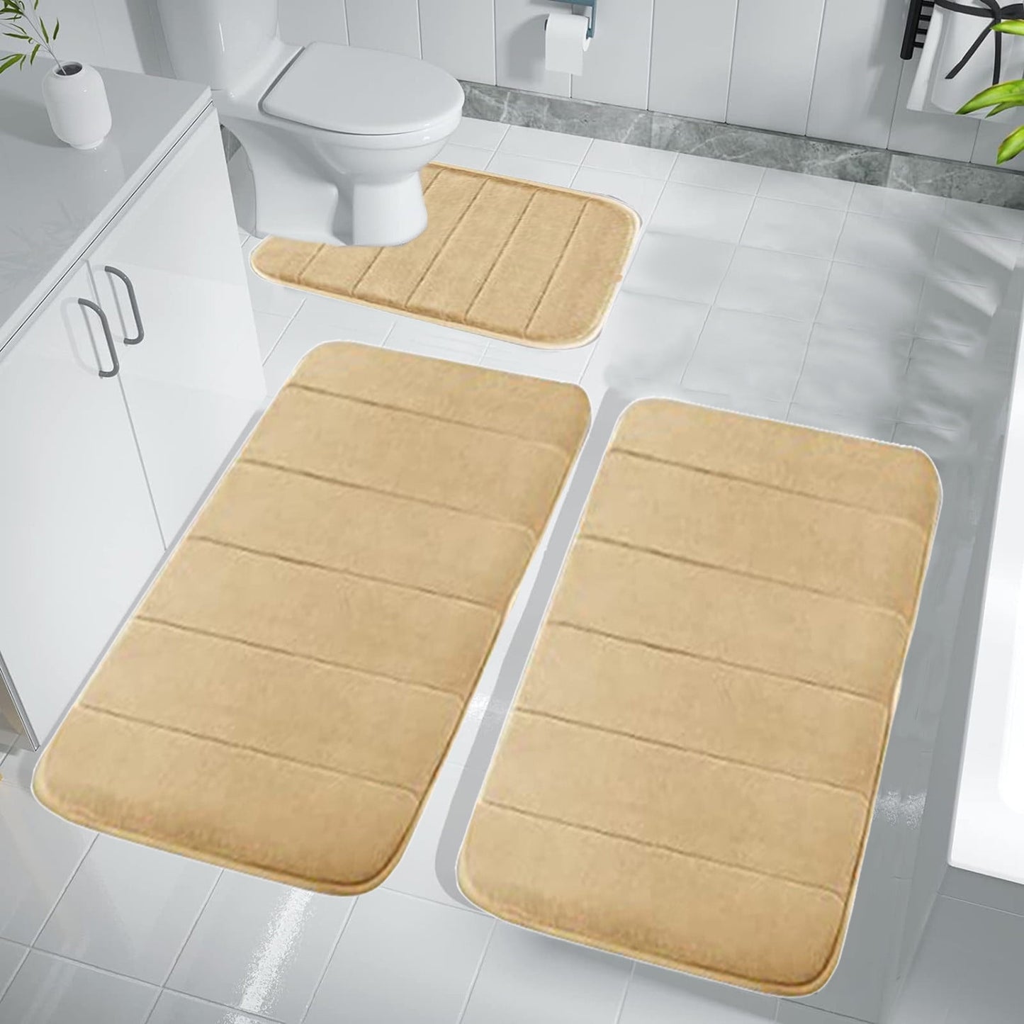 CELNNCOE Memory Foam Bath Mat Set, Soft Comfortable,Water Absorption,Non-Slip,Thick,Machine Washable,Easier to Dry,3 Pieces Bathroom Rugs Sets