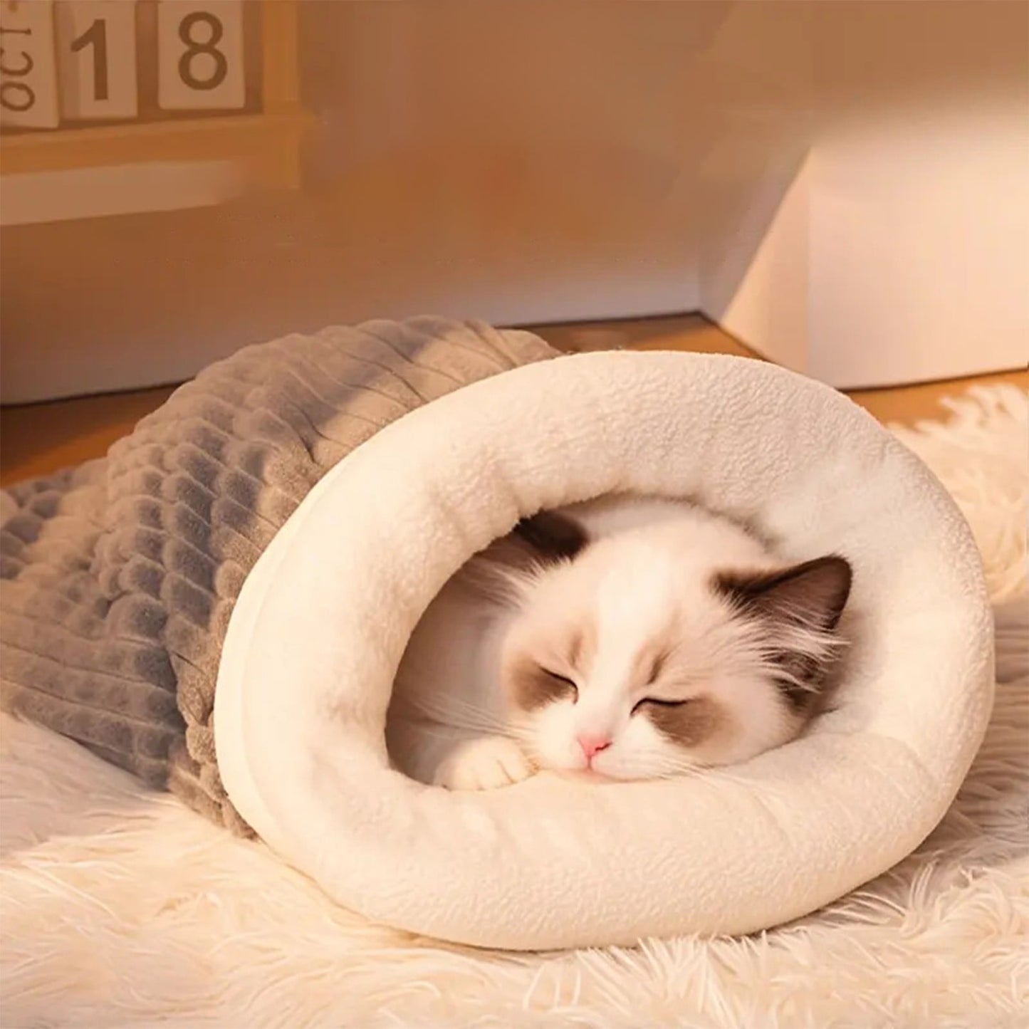 Cat Sleeping Bag,Cat Beds For Indoor Cats,Cave Bed Cats Cave Bed,Heated Cat Bed,Adjustable Entrance - Self Warming Sleeping Bag For Indoor Cats & Small Dogs, Cozy Lamb Wool Style Pad For Nap & Play