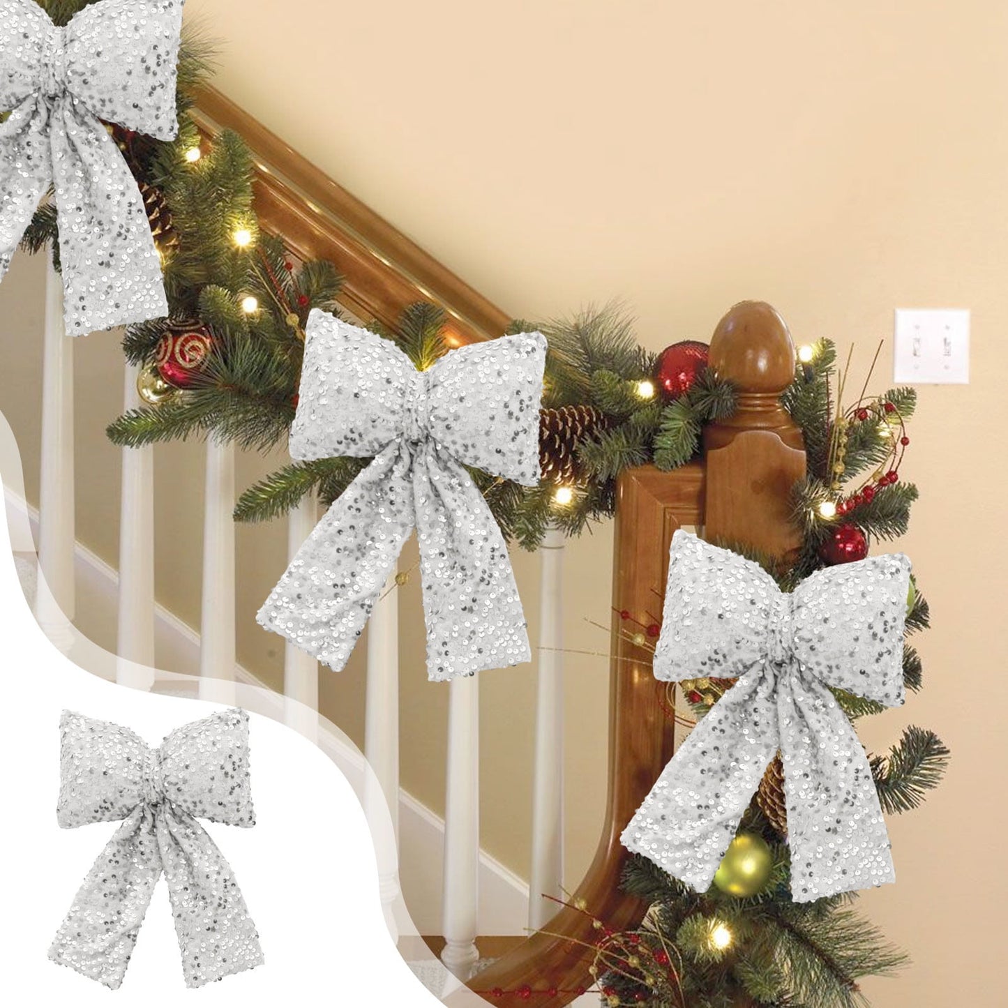 Christmas Bows Glitter Ribbon,Christmas Tree Bows,Sequins Christmas Ornaments,Christmas Bow For Wreaths,Christmas Bow Decorations Sequined Bow Pendants Window Decorations Christmas Tree Decorations