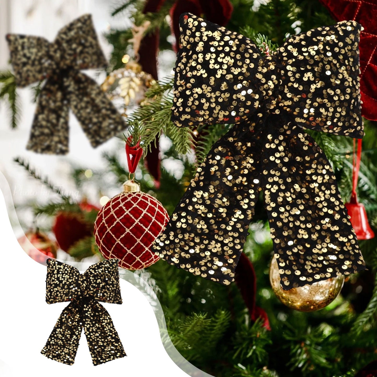 Christmas Bows Glitter Ribbon,Christmas Tree Bows,Sequins Christmas Ornaments,Christmas Bow For Wreaths,Christmas Bow Decorations Sequined Bow Pendants Window Decorations Christmas Tree Decorations