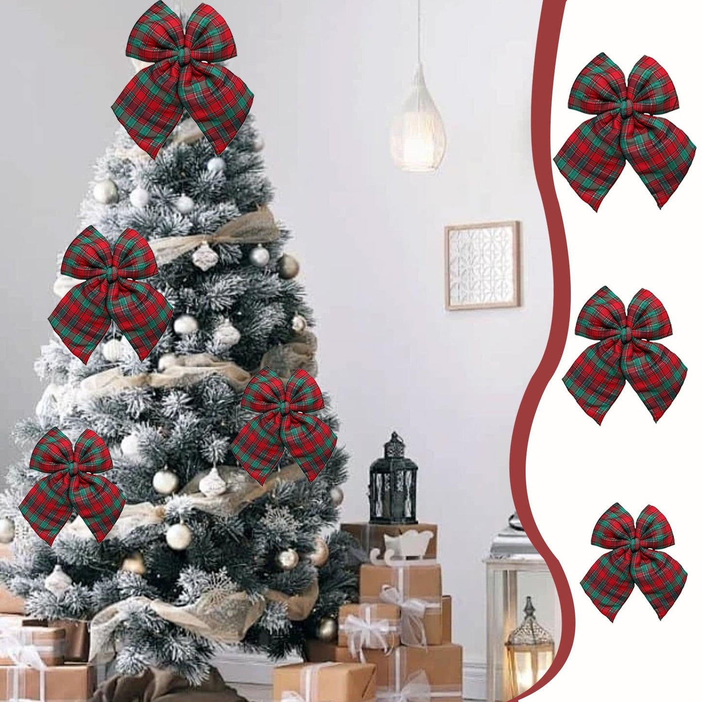 Christmas Bows Red Velvet Ribbon,Christmas Tree Bows,Plaid Christmas Ornaments,Christmas Bow For Wreaths,Christmas Bow Decoration Checkered Bow Pendant Window Decoration Christmas Tree Decoration