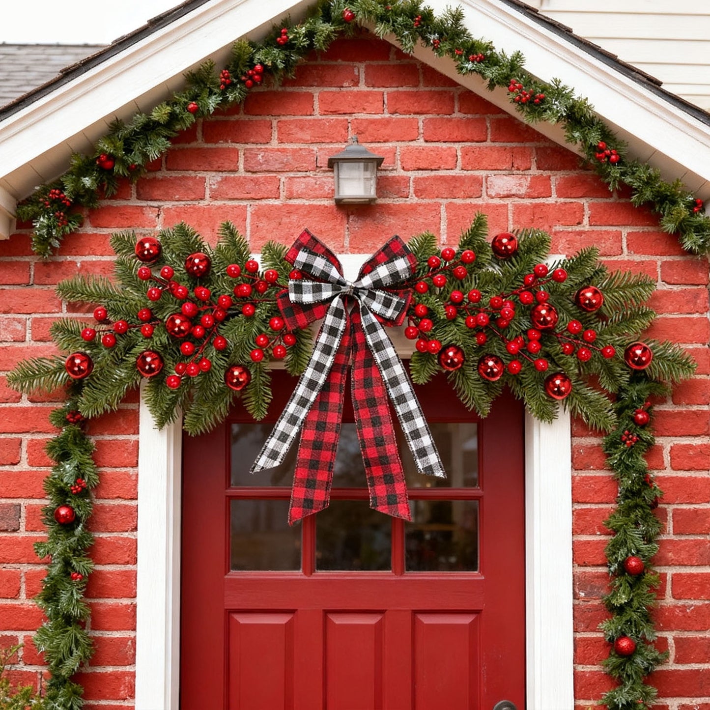 Christmas Bows Red Velvet Ribbon,Christmas Tree Bows,Plaid Christmas Ornaments,Christmas Bow For Wreaths,Red Fruit Plaid Bow Pines Needle Christmas Decoration Door Lintel Home Decoration Pendant