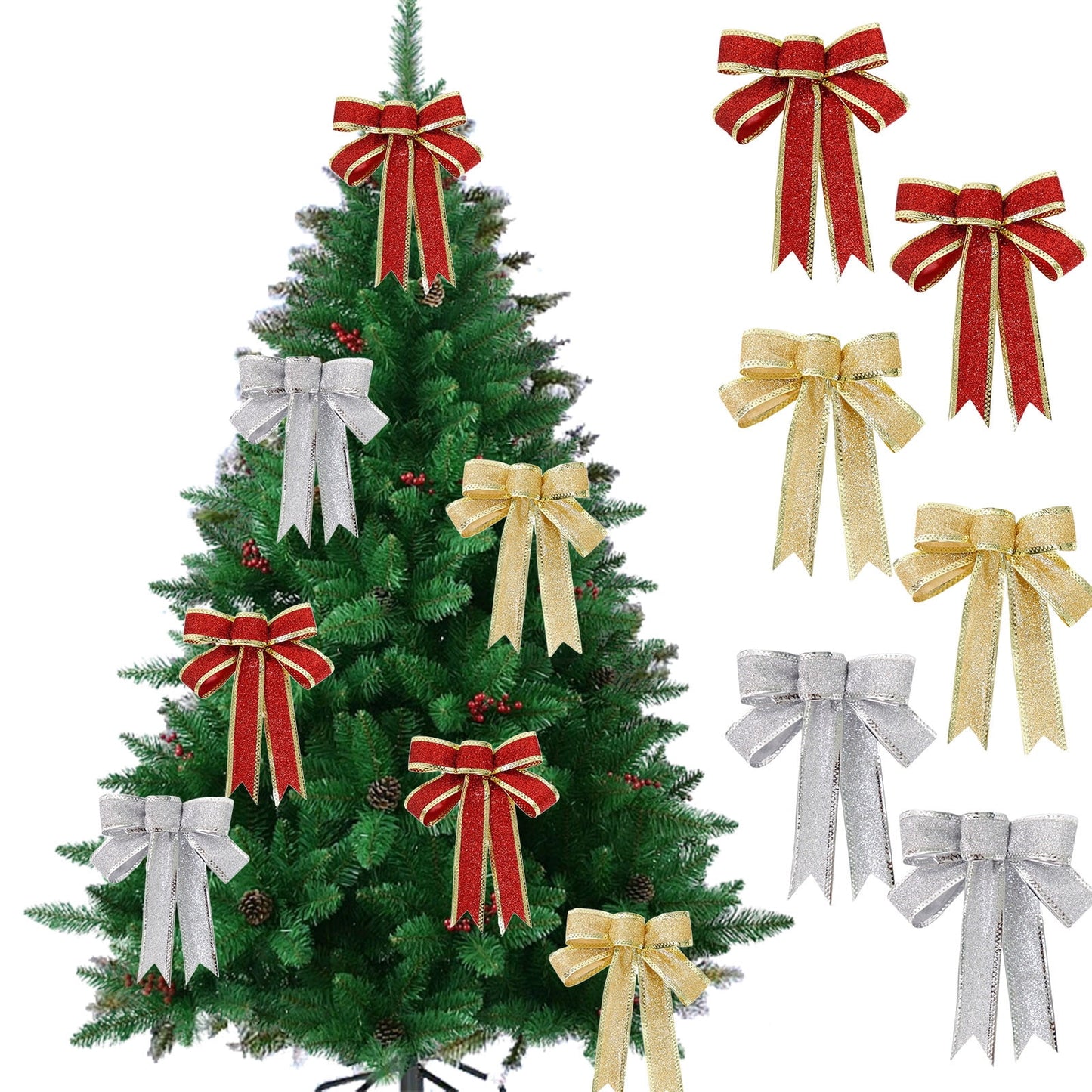 Christmas Bows Ribbon Shining Bow,Christmas Tree Bows,Christmas Ornaments,Christmas Bow For Wreaths,Christmas Bow Glitter Fan Tape Christmas Decoration Arrangement Bow Christmas Tree Hangings