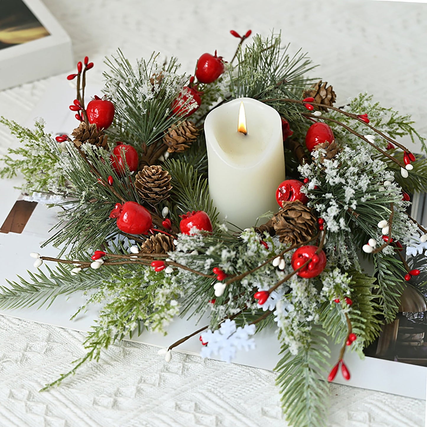 Christmas Candle Ring Wreath With Artificial Leaves, Table Centerpiece Candlestick Garland For Dining Room Or Fireplace Holiday Christmas Decor