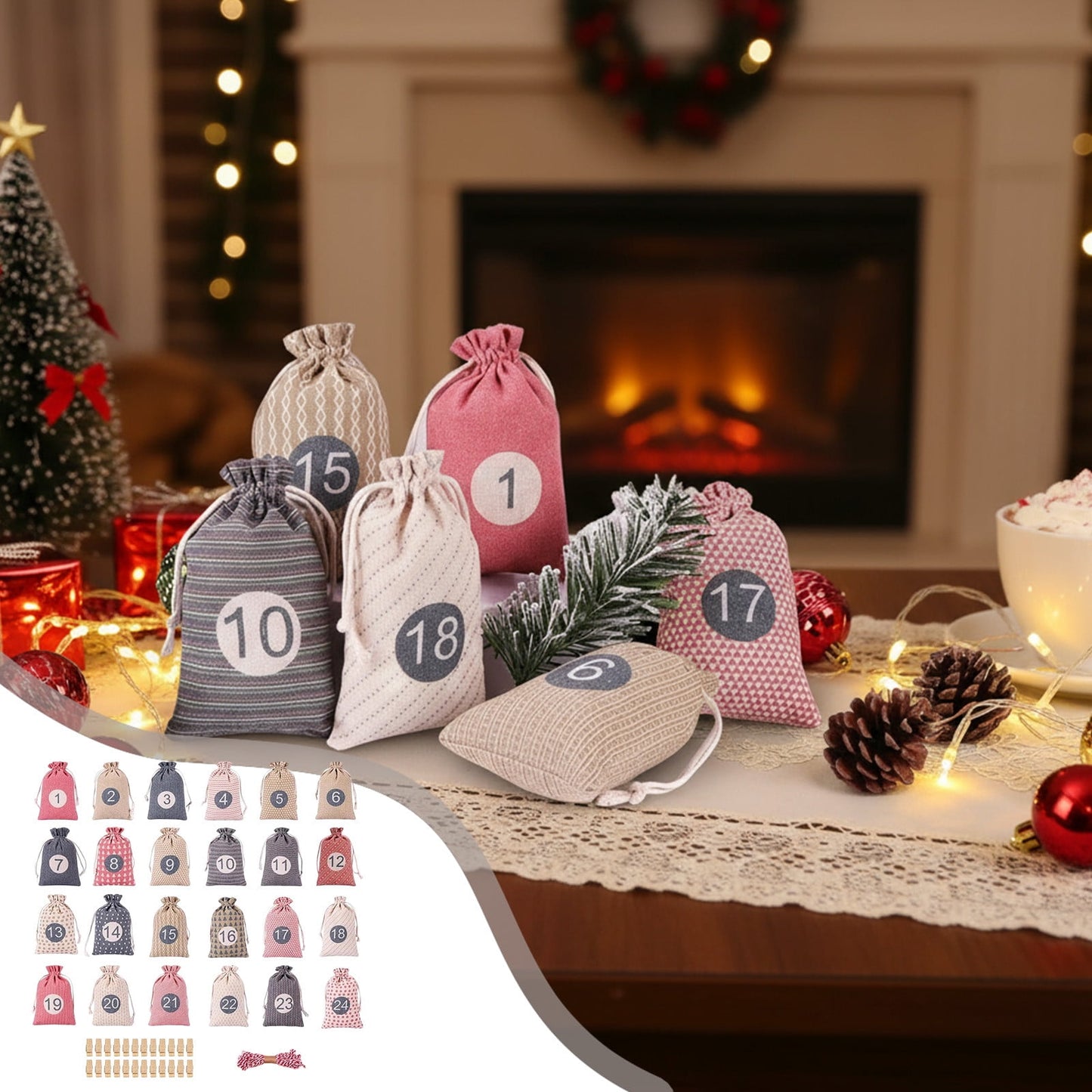 Christmas Countdown Hanging Bag Set - 24 Days Advent Calendar With Clips & Lanyards, Linen-Style Gift Bags For Candy & Small Treats, Festive Home Decor