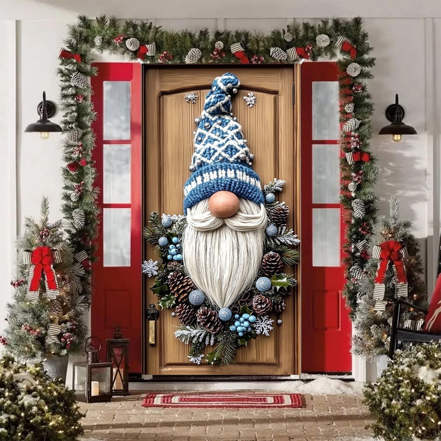 Christmas Decorations Door Cover For Front Door Decor, 3D Visual Effects Santa Claus Snowman Gnomes Pattern Banner Xmas Winter Seasonal Holiday Party Porch Wall Hanging Cover, 71 X 35 Inches
