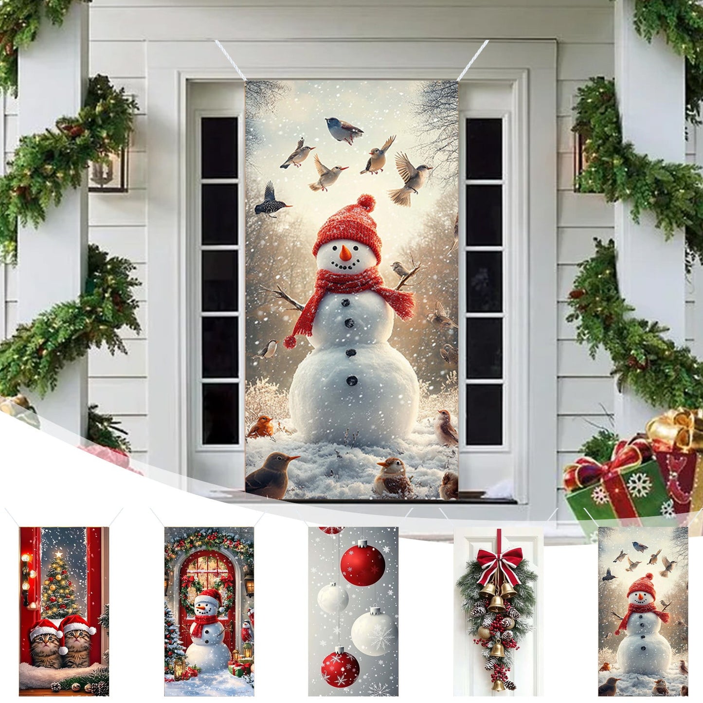 Christmas Decorations Door Cover For Front Door Decor, 3D Visual Effects Santa Claus Snowman Gnomes Pattern Banner Xmas Winter Seasonal Holiday Party Porch Wall Hanging Cover, 71 X 35 Inches