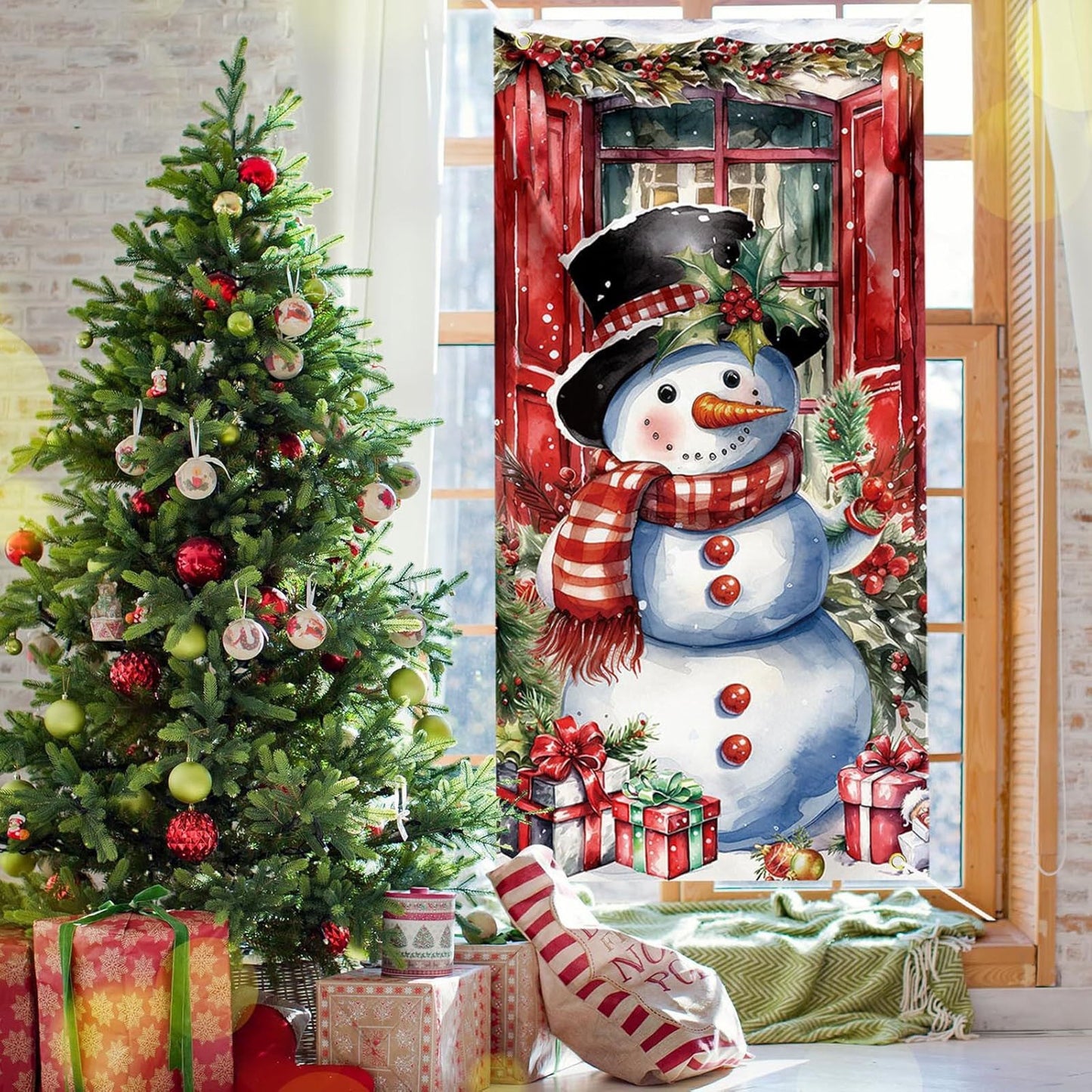 Christmas Decorations Door Cover For Front Door Decor, 3D Visual Effects Santa Claus Snowman Gnomes Pattern Banner Xmas Winter Seasonal Holiday Party Porch Wall Hanging Cover, 71 X 35 In