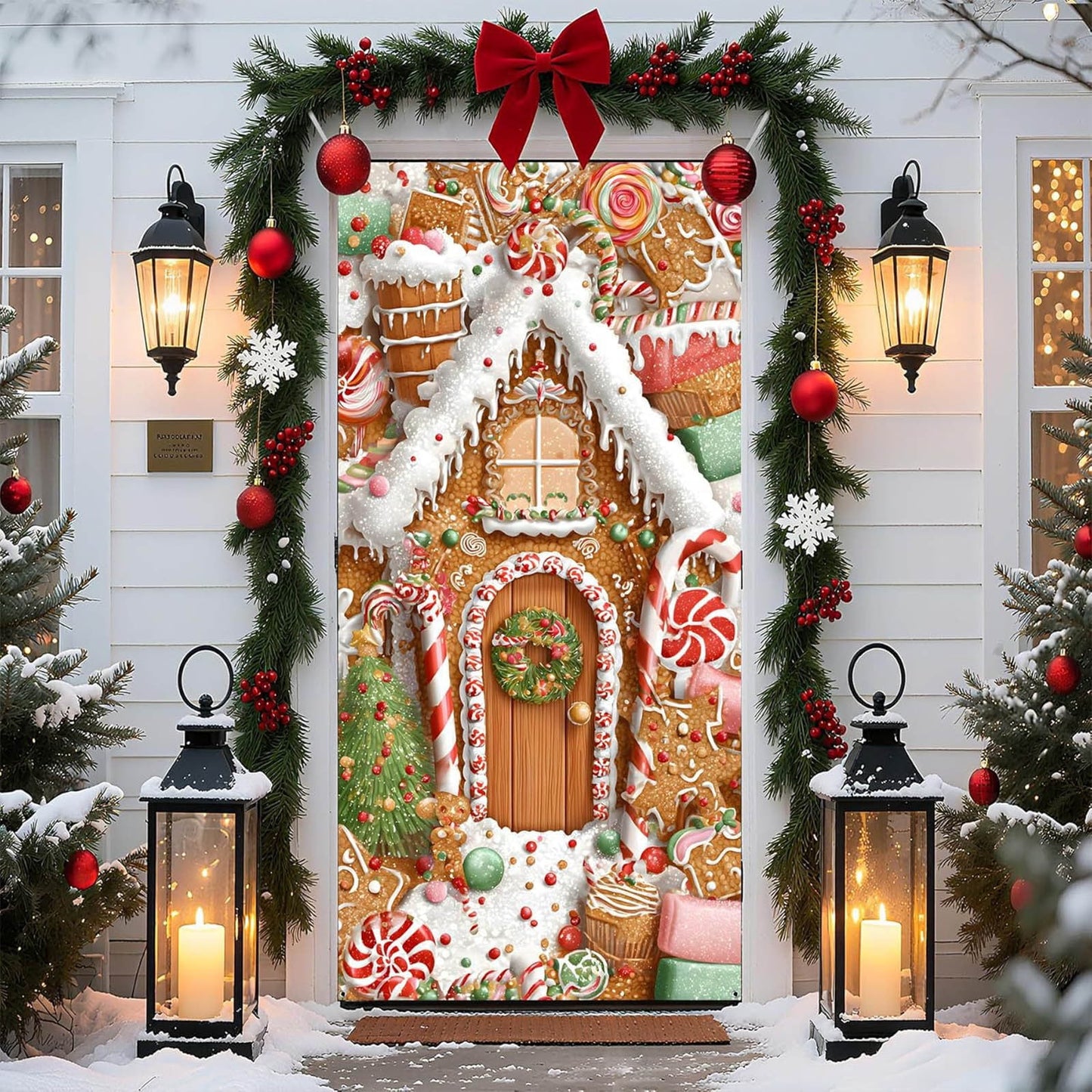 Christmas Decorations Door Cover For Front Door Decor, 3D Visual Effects Santa Claus Snowman Gnomes Pattern Banner Xmas Winter Seasonal Holiday Party Porch Wall Hanging Cover, 71 X 35 In