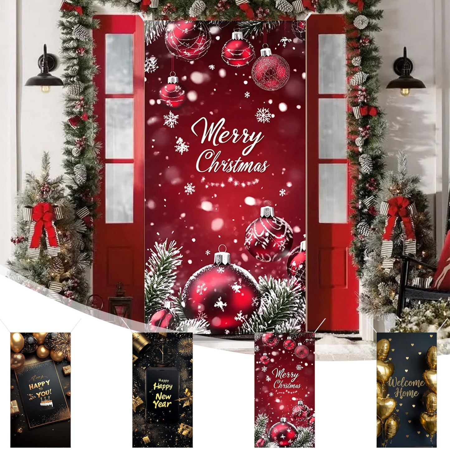 Christmas Decorations Door Cover For Front Door Decor, 3D Visual Effects Santa Claus Snowman Gnomes Pattern Banner Xmas Winter Seasonal Holiday Party Porch Wall Hanging Cover, 71 X 35 Inches