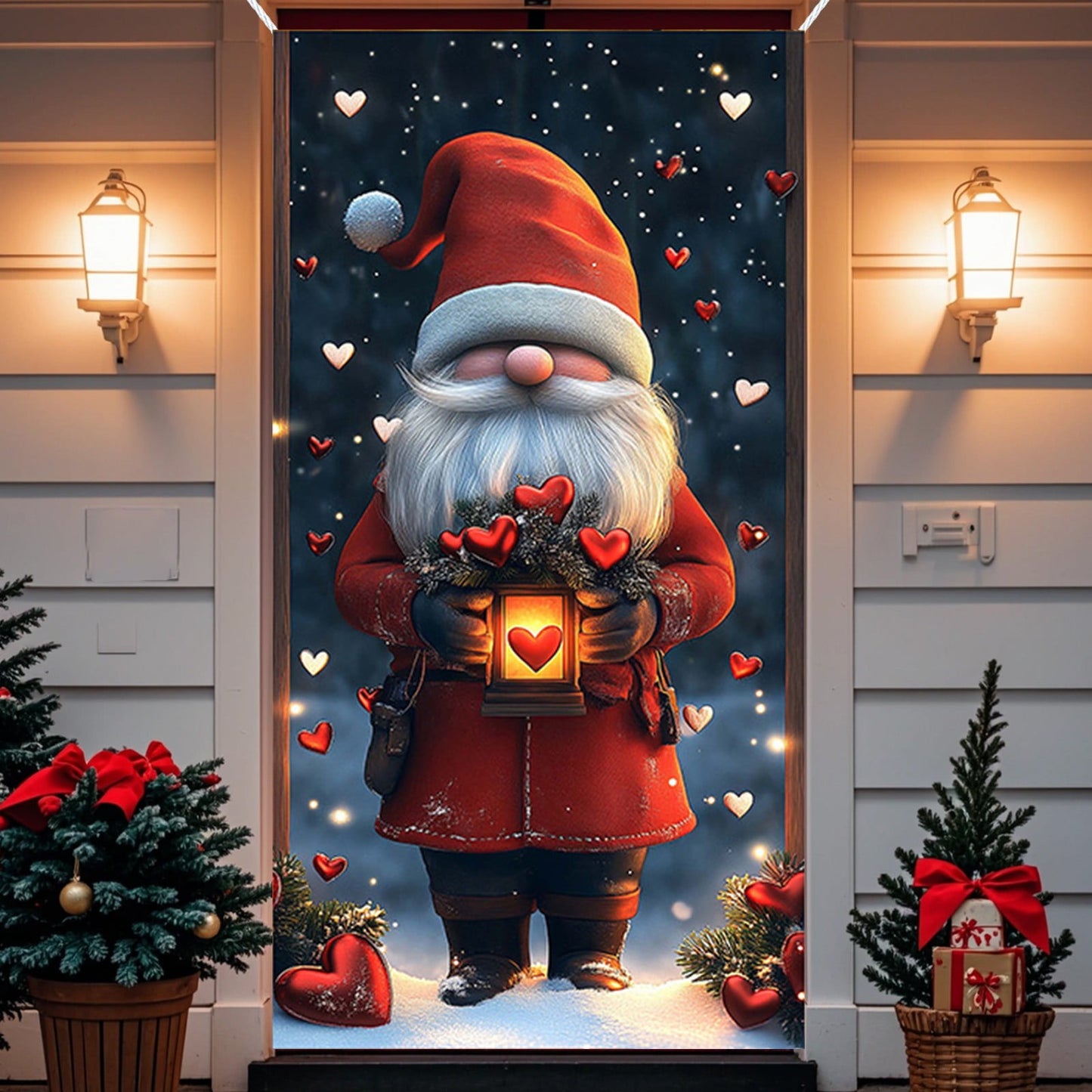 Christmas Decorations Door Cover For Front Door Decor, 3D Visual Effects Santa Claus Snowman Gnomes Pattern Banner Xmas Winter Seasonal Holiday Party Porch Wall Hanging Cover, 71 X 35 Inches