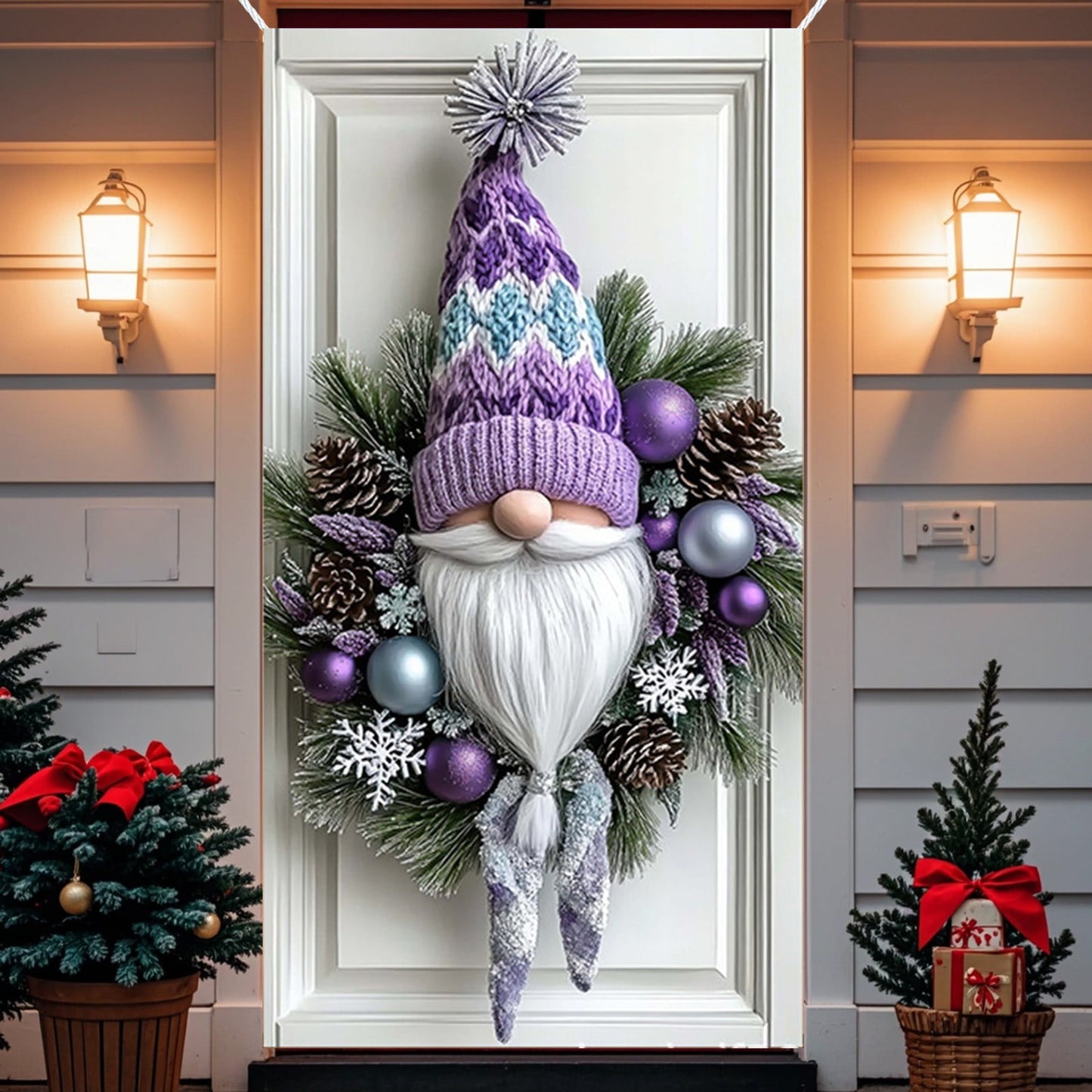 Christmas Decorations Door Cover For Front Door Decor, 3D Visual Effects Santa Claus Snowman Gnomes Pattern Banner Xmas Winter Seasonal Holiday Party Porch Wall Hanging Cover, 71 X 35 Inches
