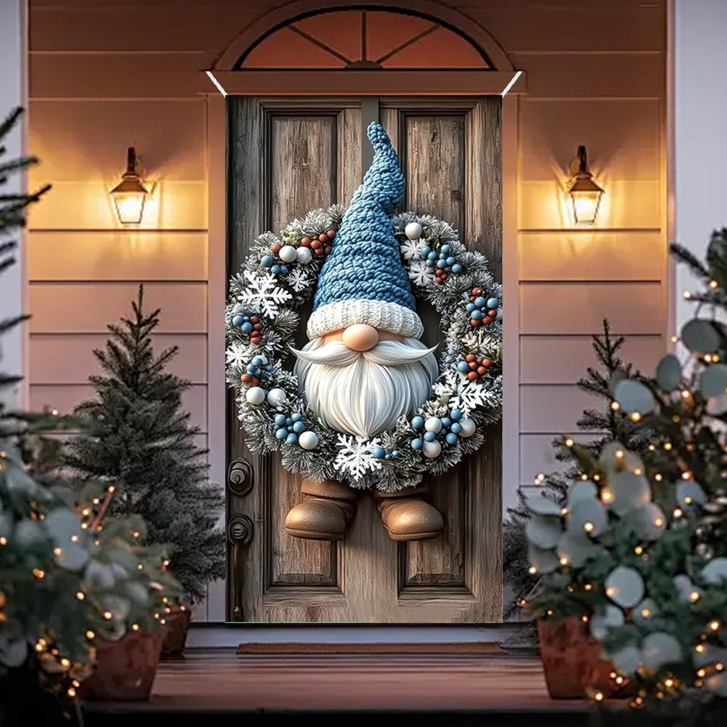 Christmas Decorations Door Cover For Front Door Decor, 3D Visual Effects Santa Claus Snowman Gnomes Pattern Banner Xmas Winter Seasonal Holiday Party Porch Wall Hanging Cover, 71 X 35 Inches