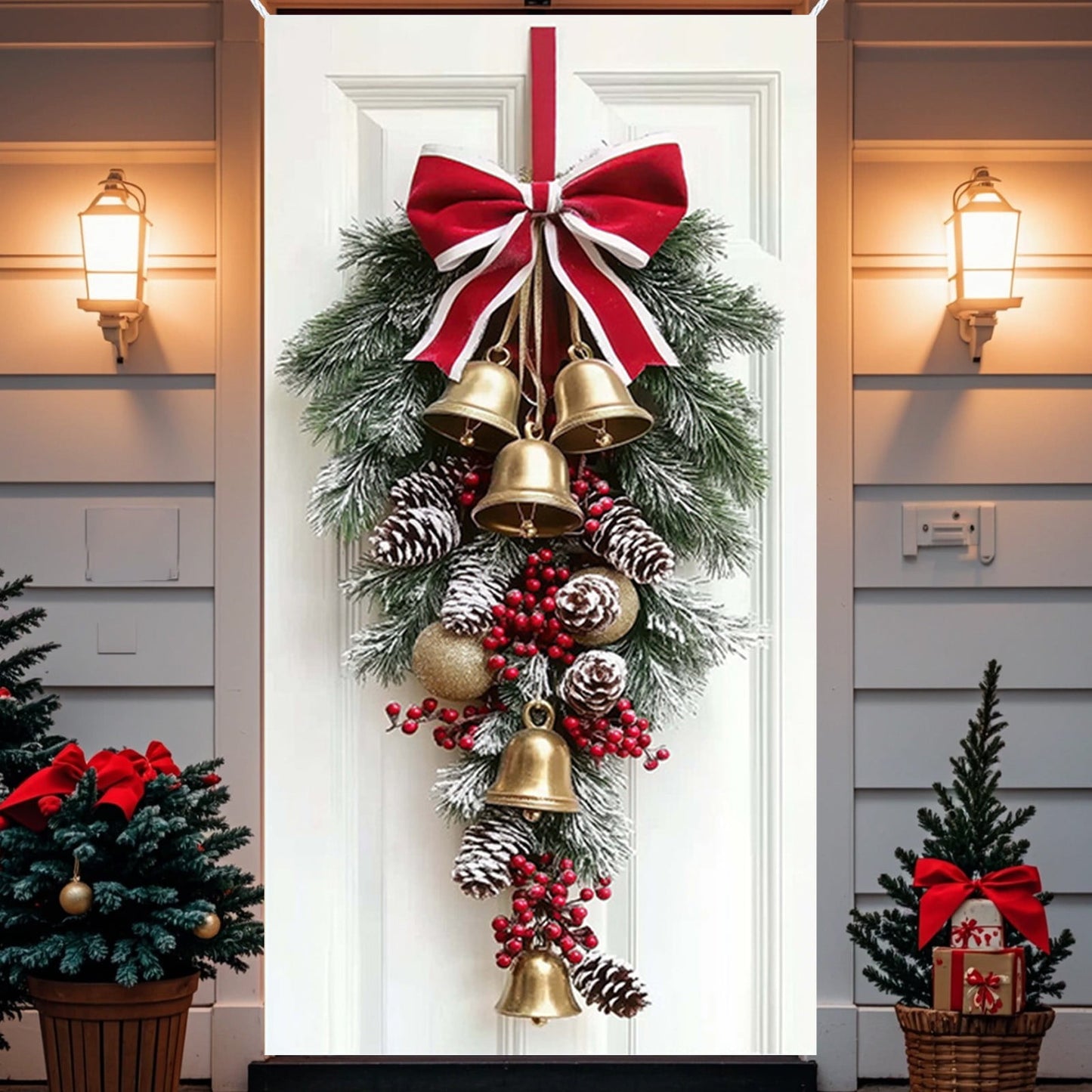 Christmas Decorations Door Cover For Front Door Decor, 3D Visual Effects Santa Claus Snowman Gnomes Pattern Banner Xmas Winter Seasonal Holiday Party Porch Wall Hanging Cover, 71 X 35 Inches
