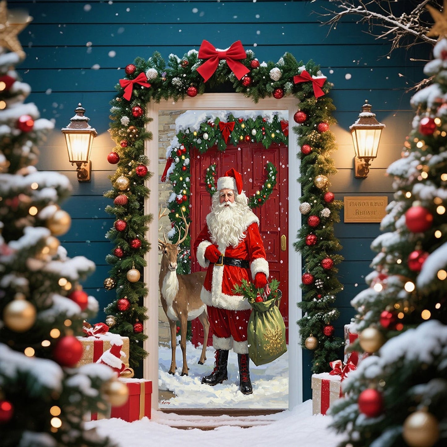 Christmas Door Cover 185*90/180*90Cm,Christmas Door Curtain Ensigns Outdoor Photo Christmas Day Party Elves Celebration Decoration Background Hanging Decoration Hanging Fabric