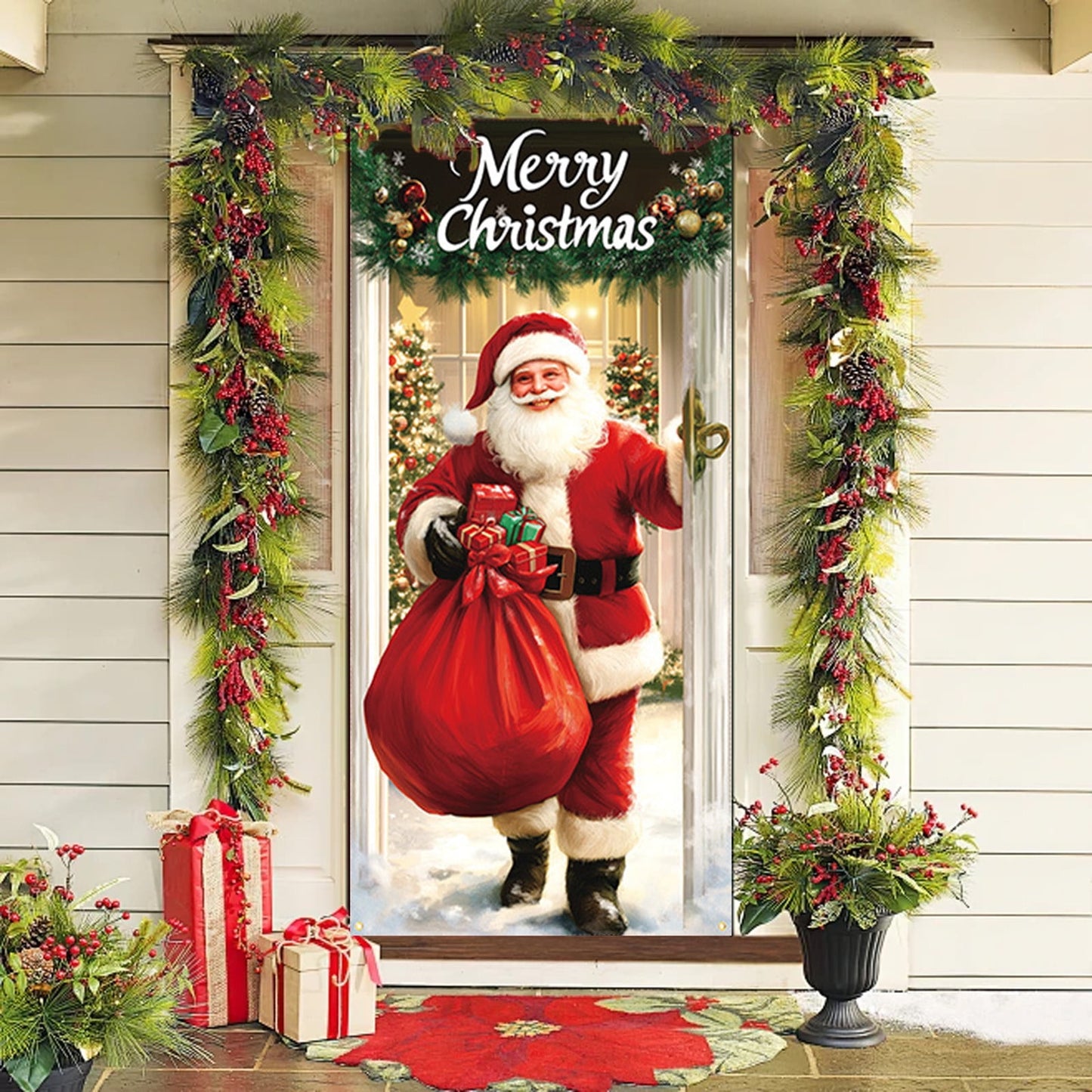 Christmas Door Cover 185*90/180*90Cm,Christmas Door Curtain Ensigns Outdoor Photo Christmas Day Party Elves Celebration Decoration Background Hanging Decoration Hanging Fabric