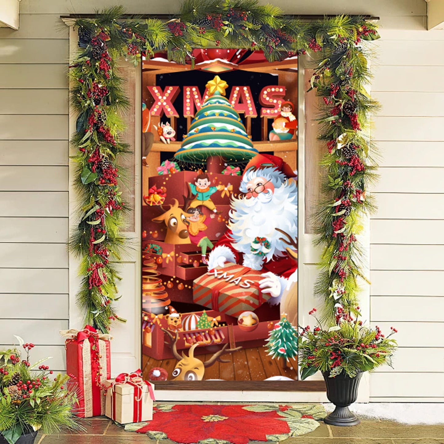 Christmas Door Cover 185*90/180*90Cm,Christmas Door Curtain Ensigns Outdoor Photo Christmas Day Party Elves Celebration Decoration Background Hanging Decoration Hanging Fabric