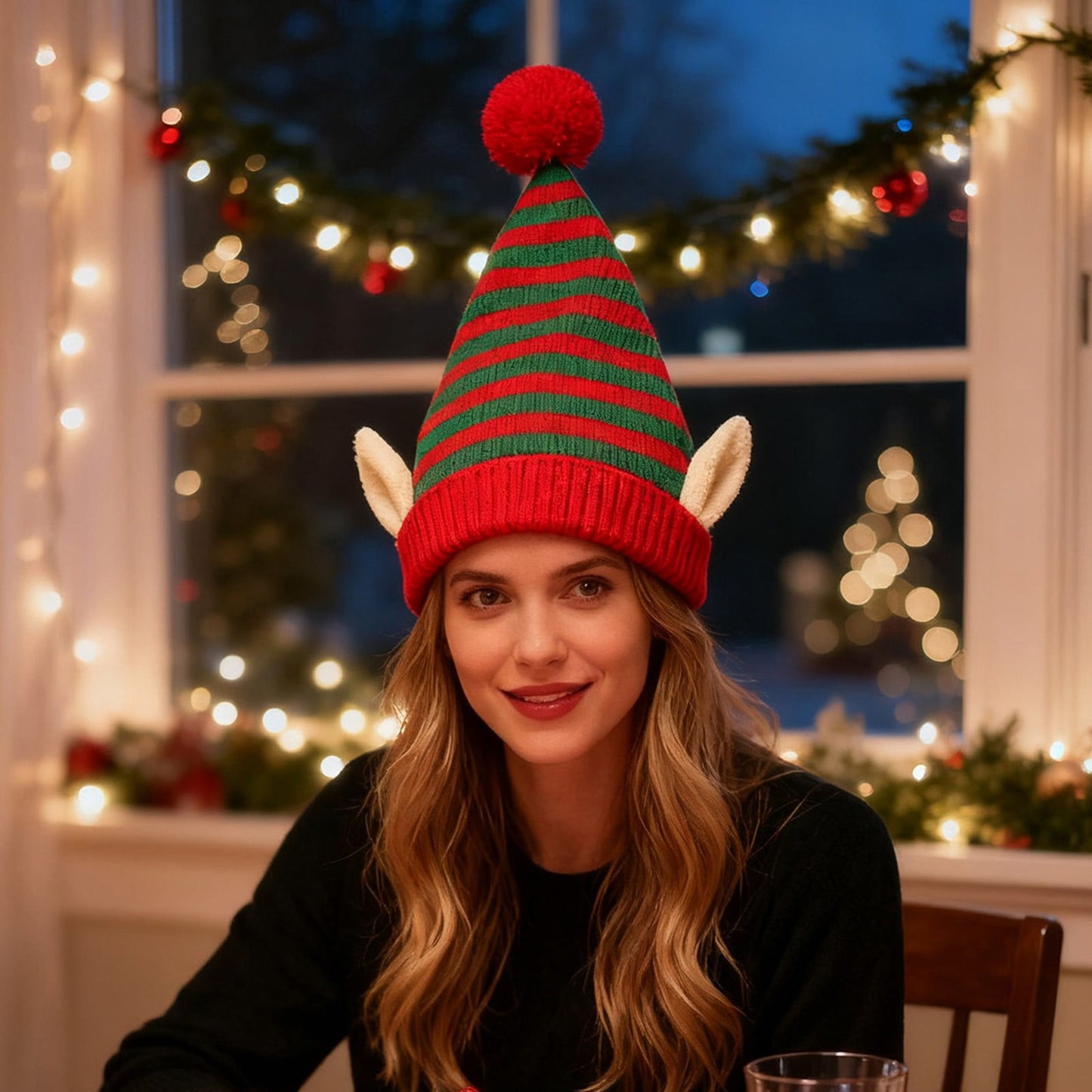 Christmas Knitted Elf Hat With Pom Pom Design, Warm Winter Beanie With Santa Claus Themes, Comfortable Crochet Hat For Men And Women, Festive Seasonal Headwear For Outdoor Activities And Holiday Part