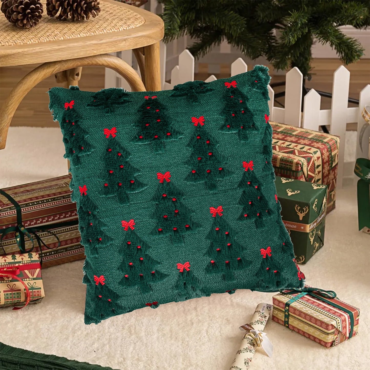 Christmas Plush Pillowcases 18X18 Set Of 2, Decorative Sofa Cushion Covers With Green Tree And Red Bow, Soft Faux Fur Holiday Living Room Winter Home D¨¦cor