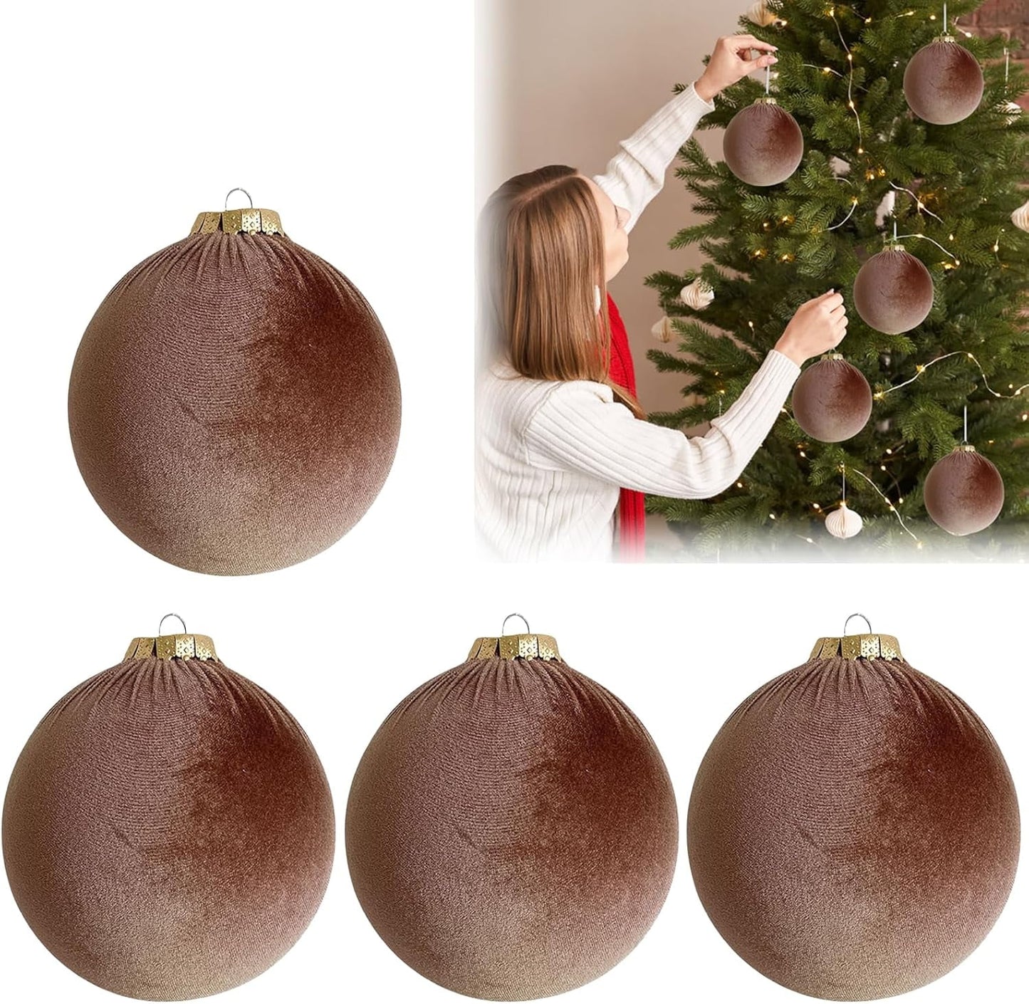 Velvet Christmas Ornaments Balls,4Pcs 4 Inch Large Velvet Ornaments for Christmas Tree, Soft Flocked Christmas Ornaments Hanging for Christmas Tree Home Office Decoration