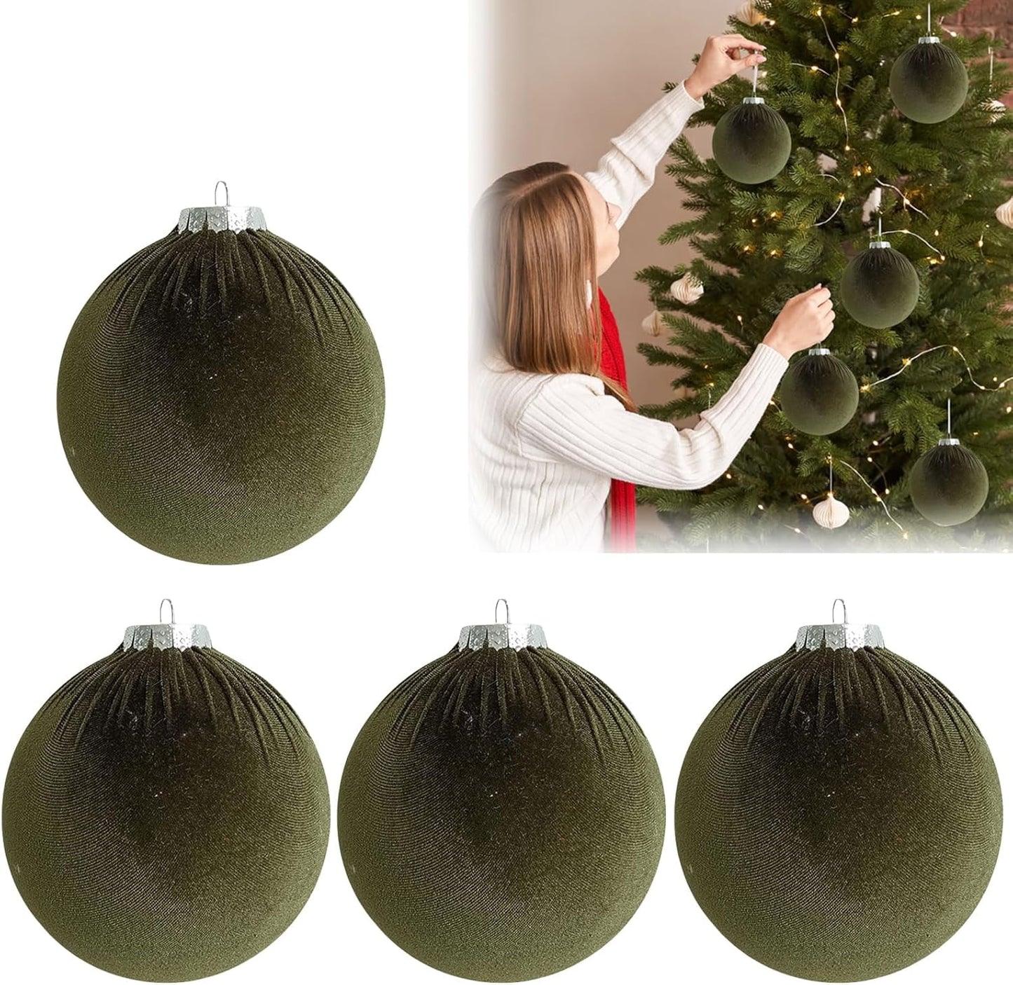 Velvet Christmas Ornaments Balls,4Pcs 4 Inch Large Velvet Ornaments for Christmas Tree, Soft Flocked Christmas Ornaments Hanging for Christmas Tree Home Office Decoration